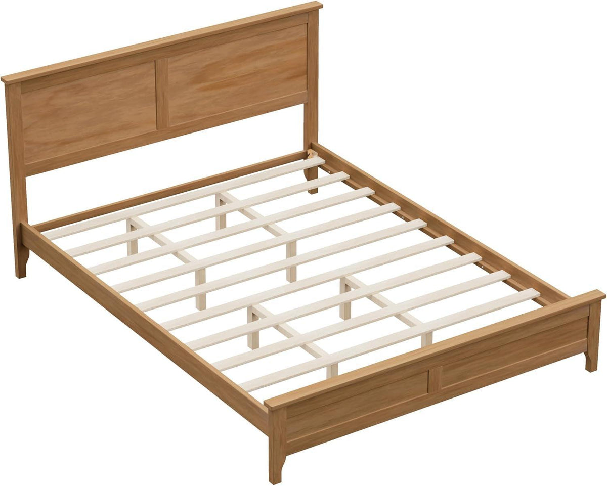 Queen Size Platform Bed Pine Wood Headboard Natural Finish