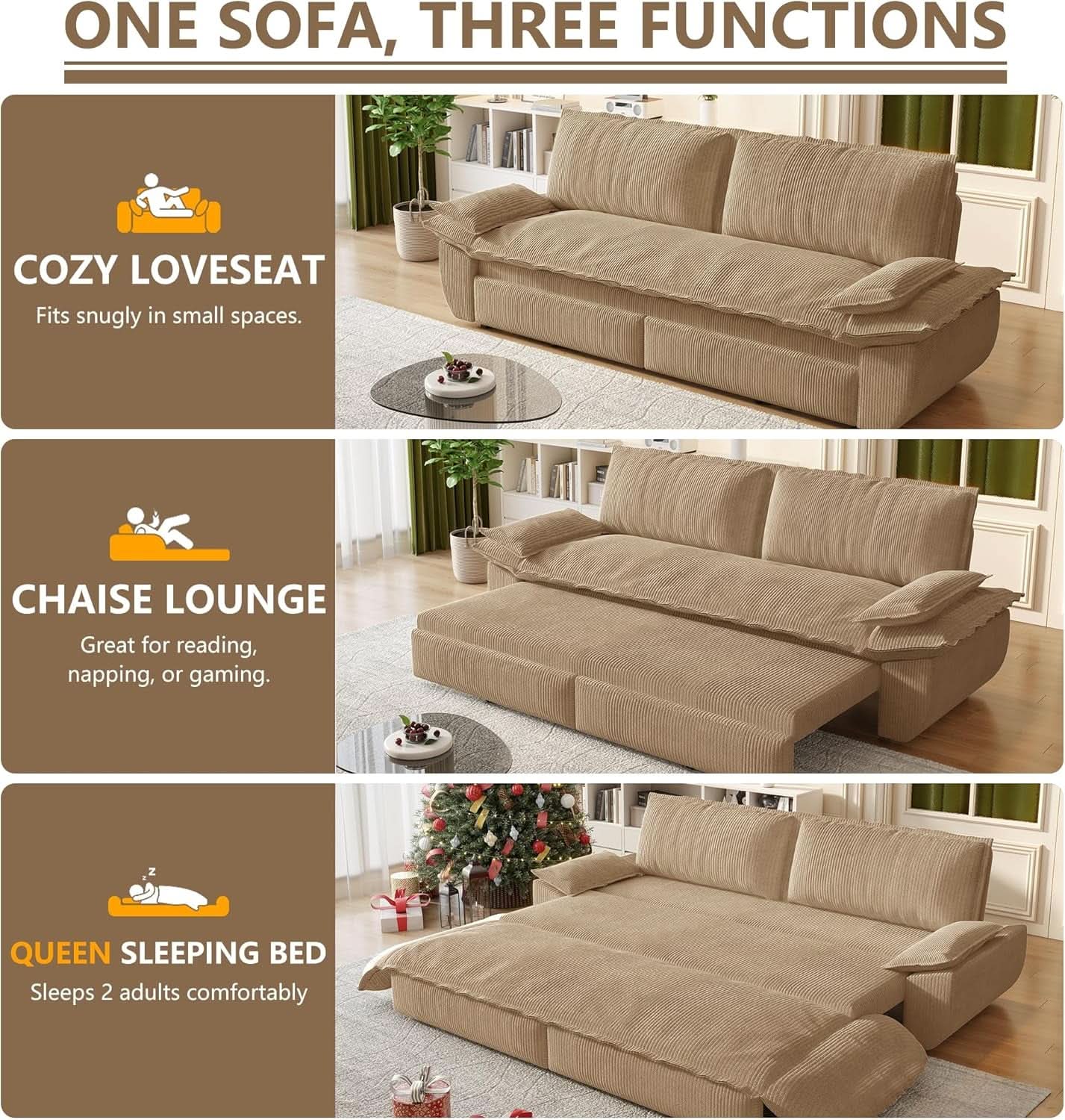 Queen Size Premium Convertible Sofabed Camel Corduroy