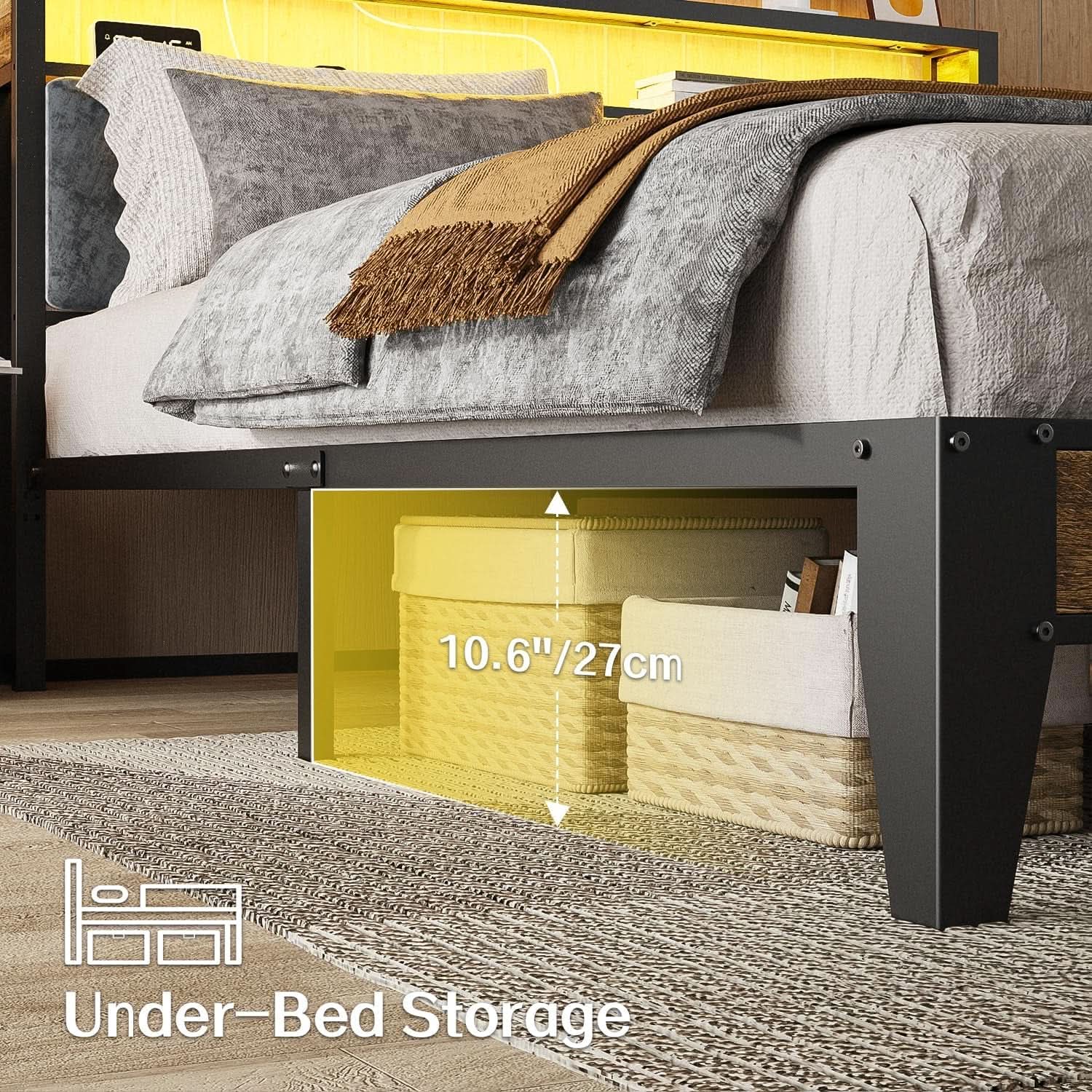 Queen Size RGB LED Headboard With Storage And Charging