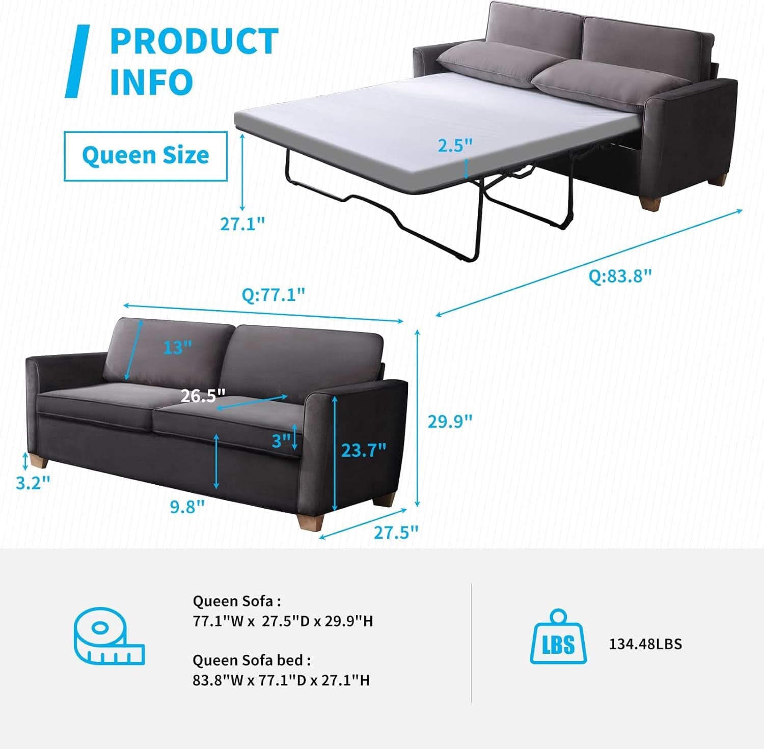 Queen Size Sleeper Sofa Bed DarkSlateGrey StainResistant