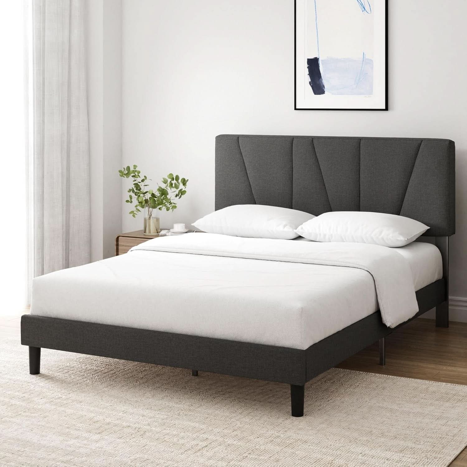 Queen Size Upholstered Bed Frame With Asymmetric Headboard
