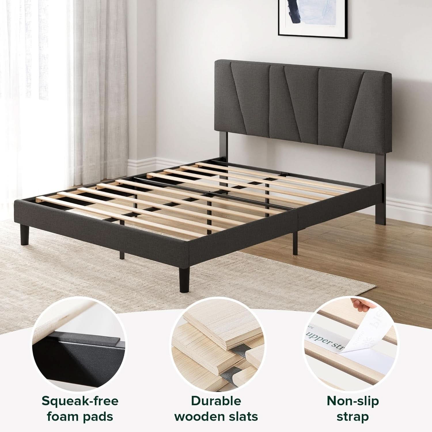 Queen Size Upholstered Bed Frame With Asymmetric Headboard