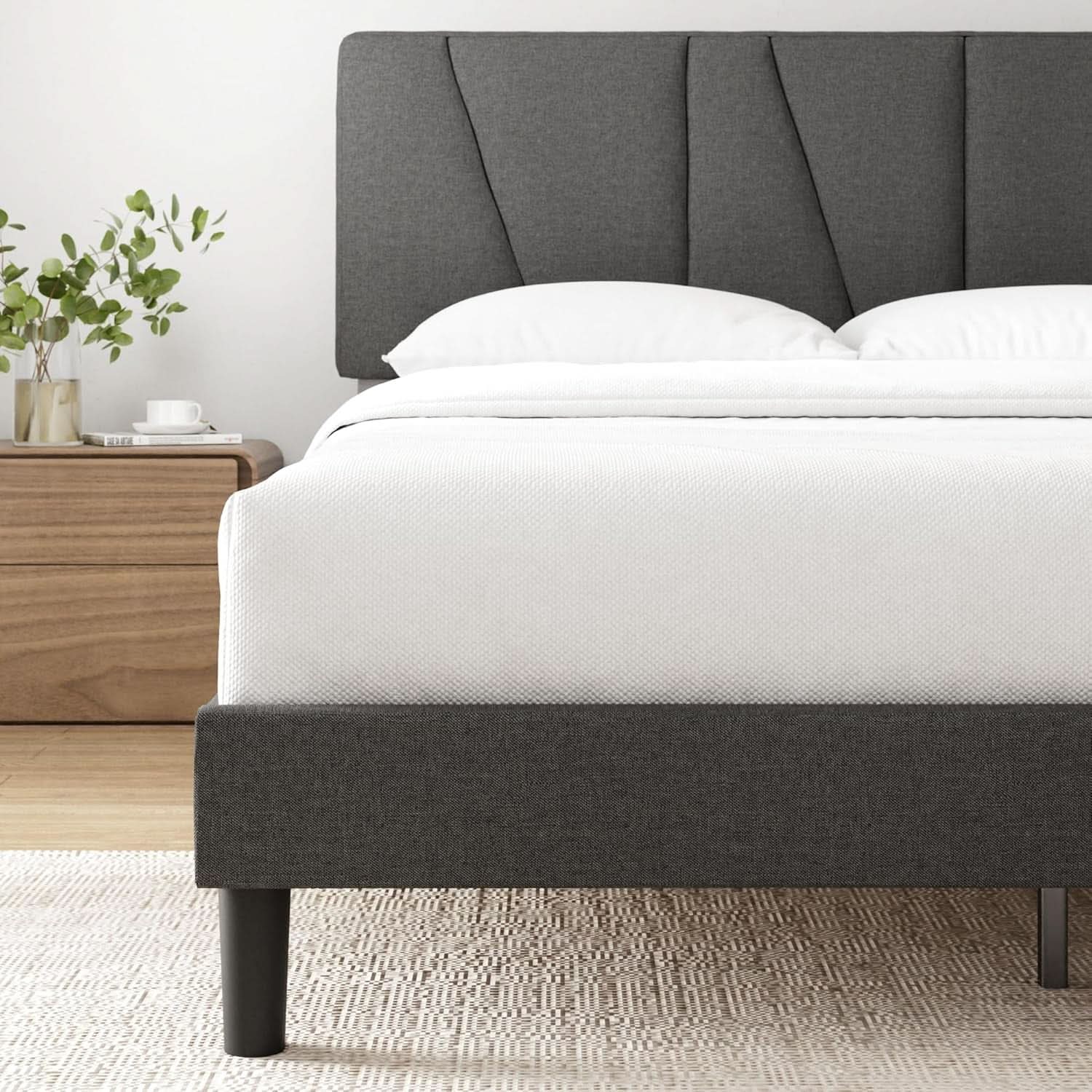 Queen Size Upholstered Bed Frame With Asymmetric Headboard