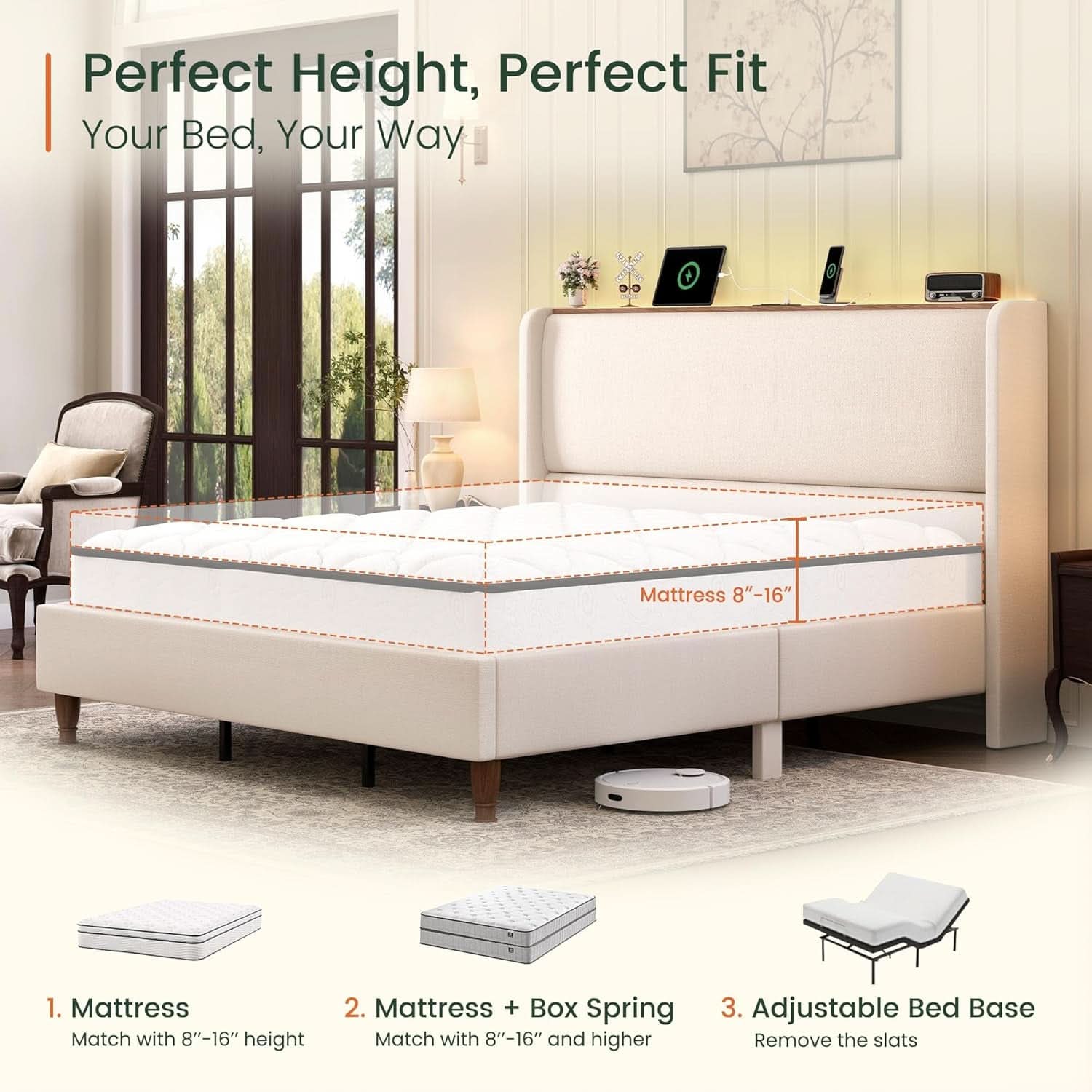 Queen Size Upholstered Bed Frame With LED Lights And USB