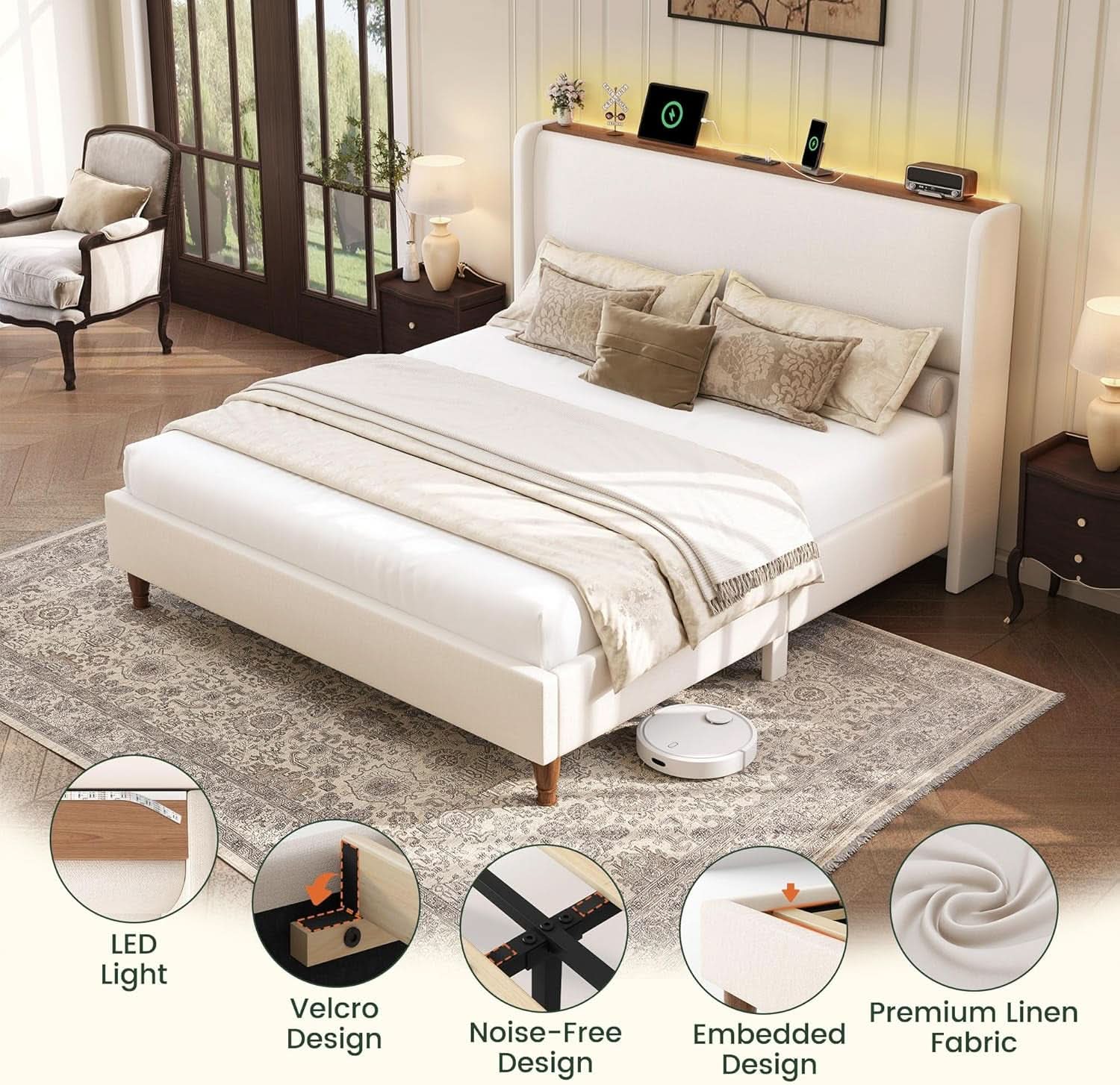 Queen Size Upholstered Bed Frame With LED Lights And USB