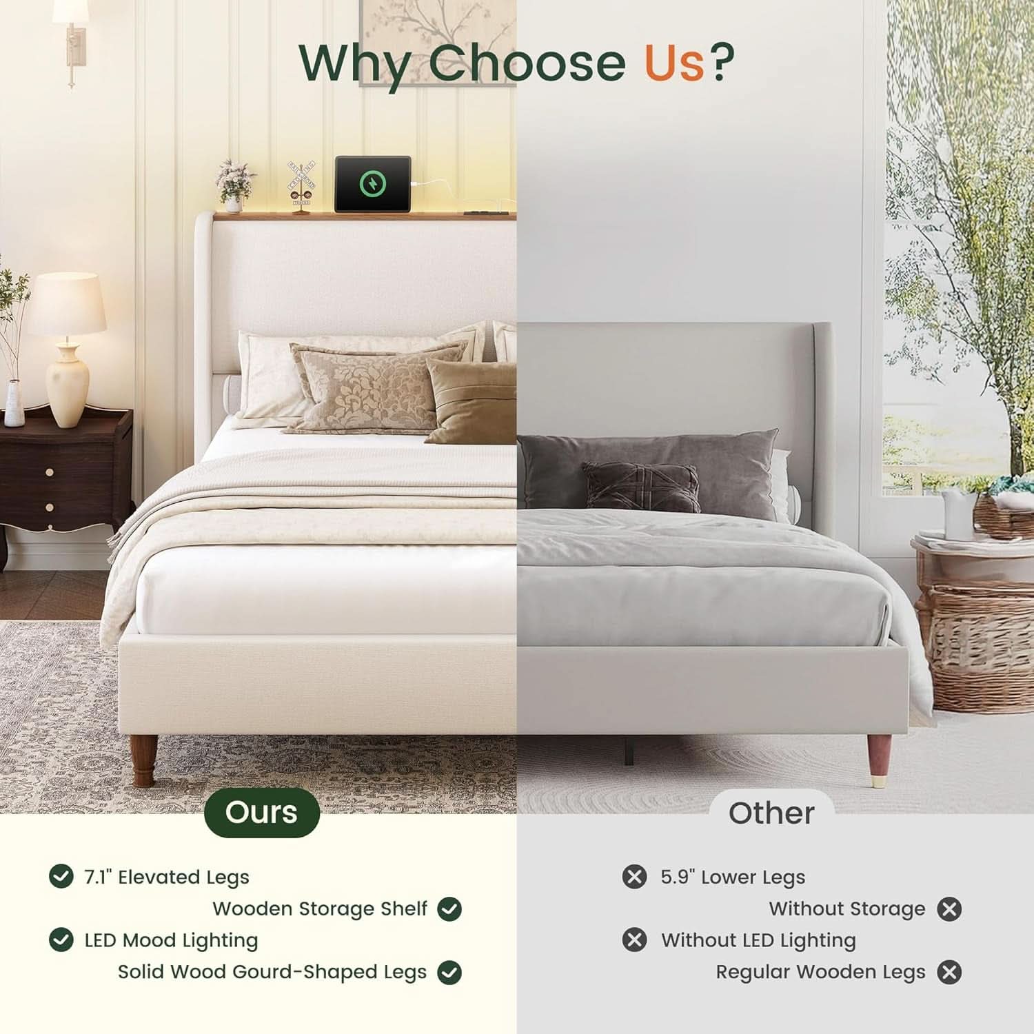 Queen Size Upholstered Bed Frame With LED Lights And USB
