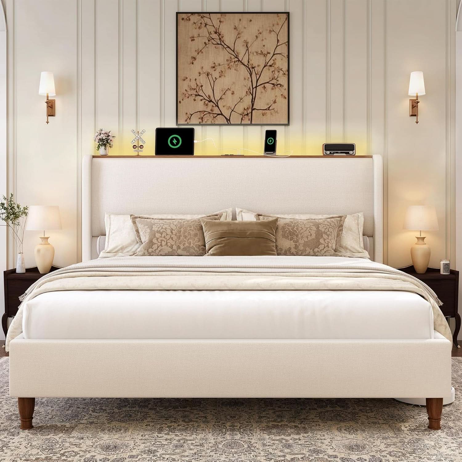 Queen Size Upholstered Bed Frame With LED Lights And USB