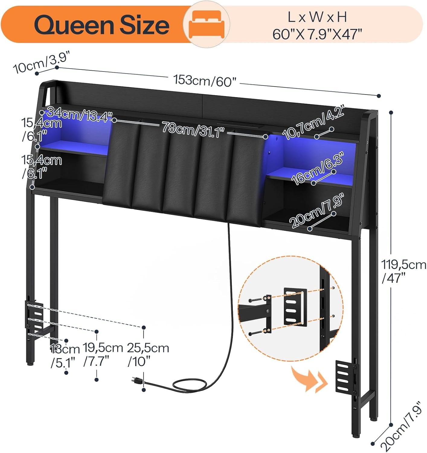 Queen Size Upholstered Headboard with LED Light Charging Station
