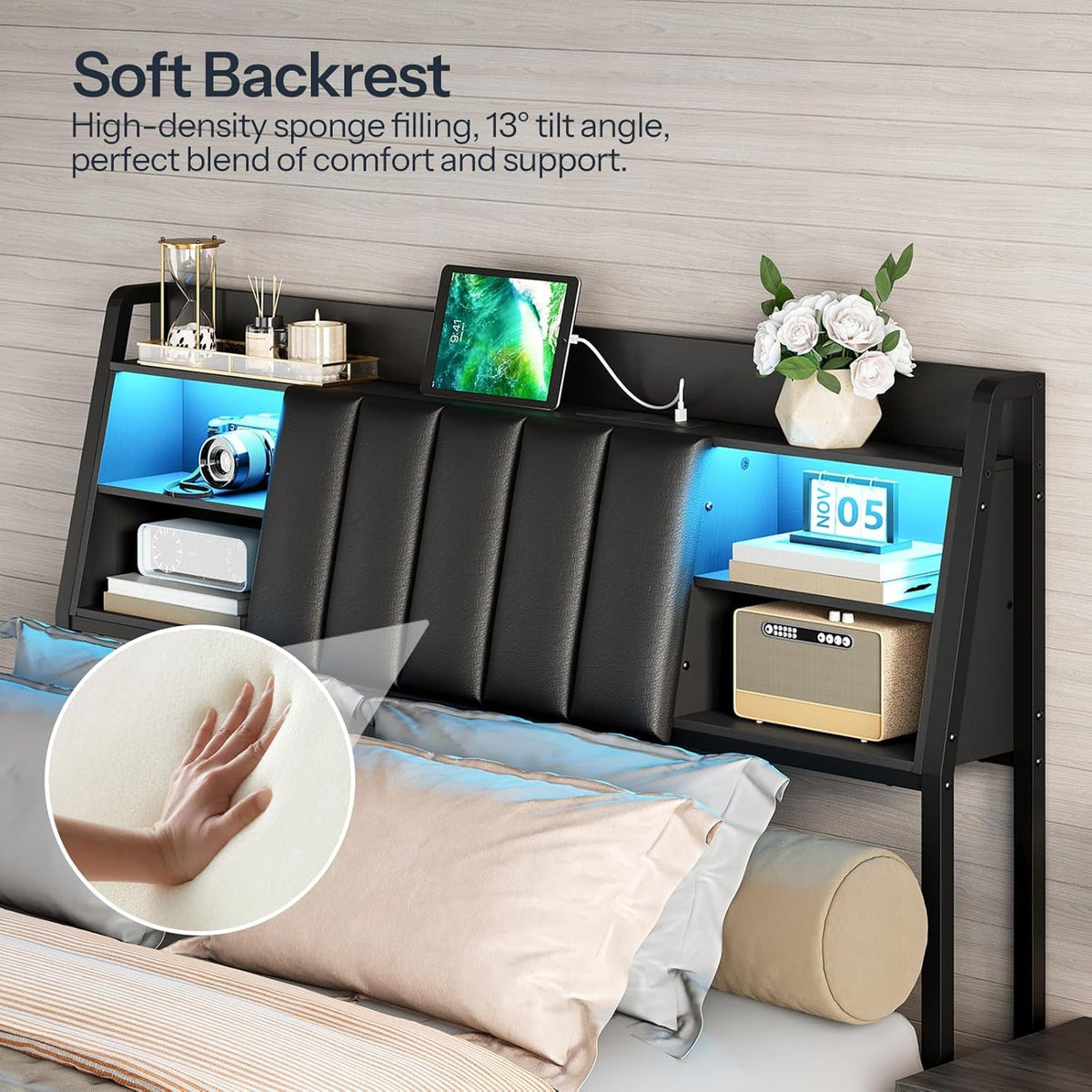 Queen Size Upholstered Headboard with LED Light Charging Station