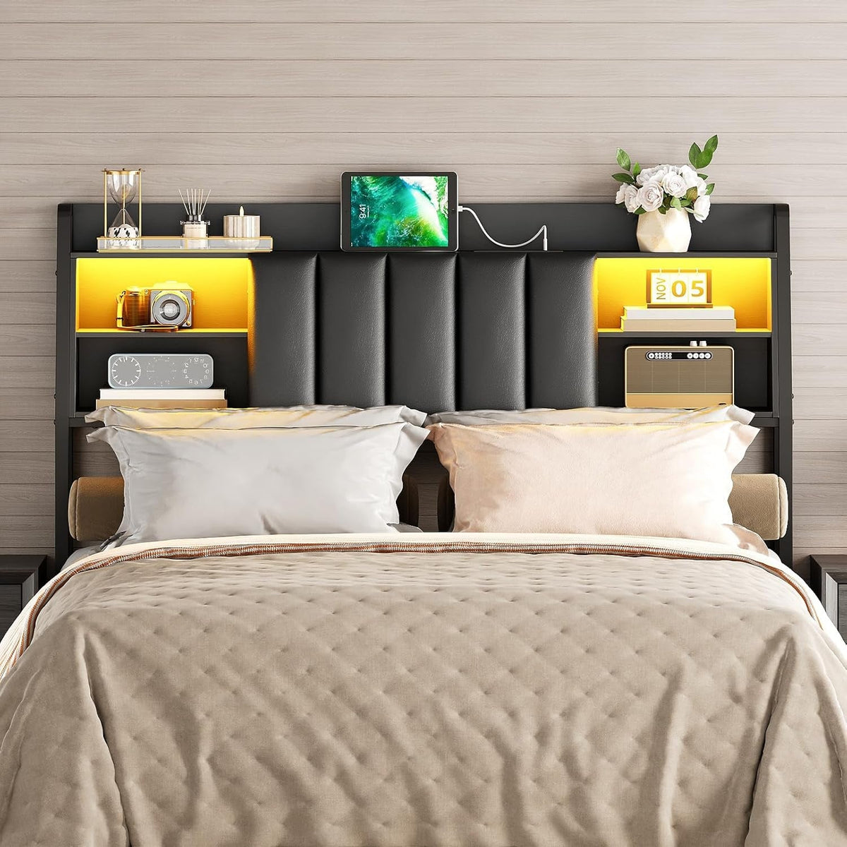 Queen Size Upholstered Headboard with LED Light Charging Station