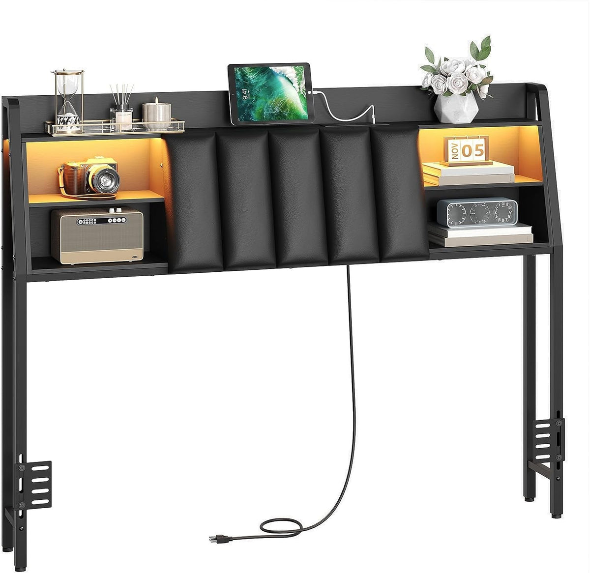 Queen Size Upholstered Headboard with LED Light Charging Station