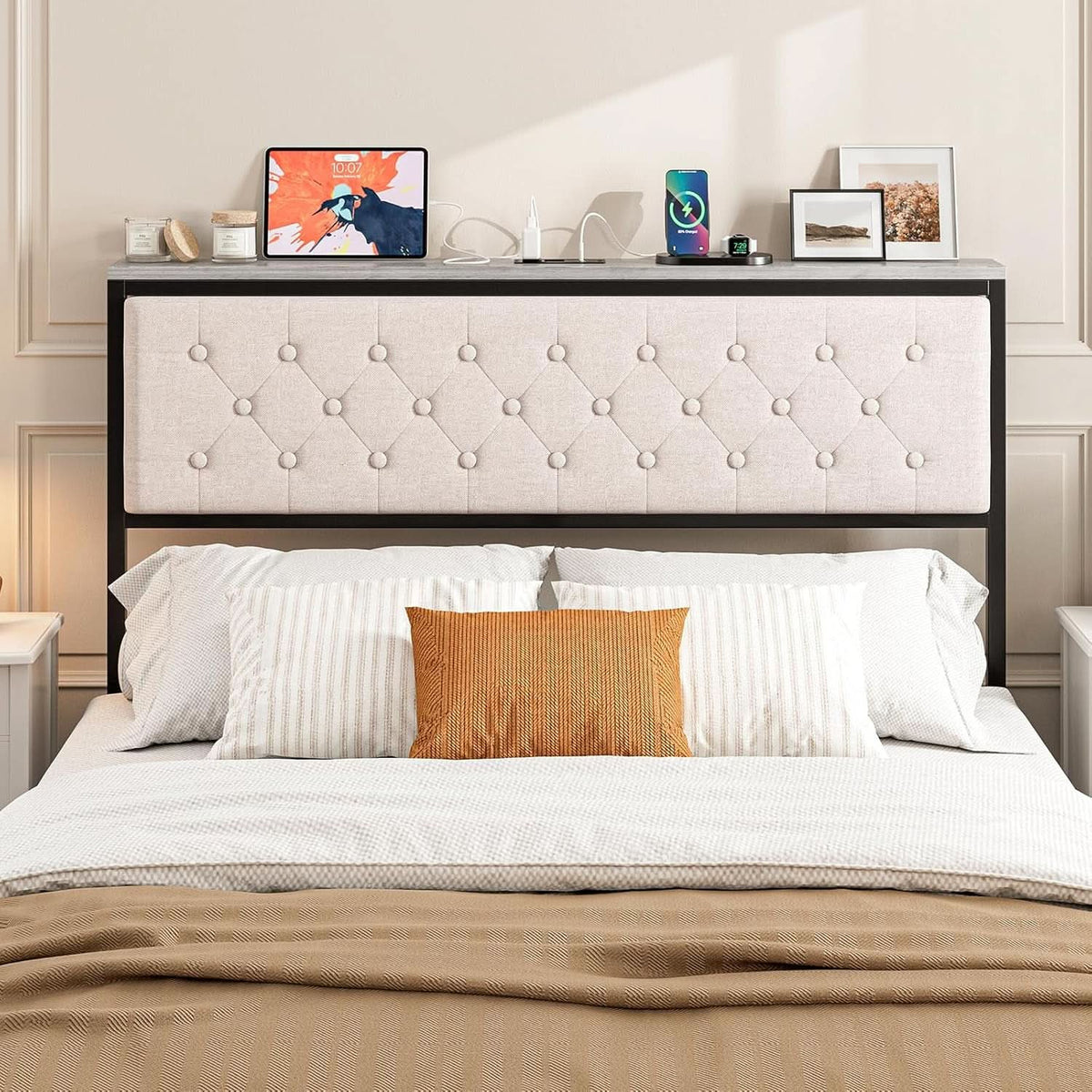 Queen Size Upholstered Headboard with Storage and Charging