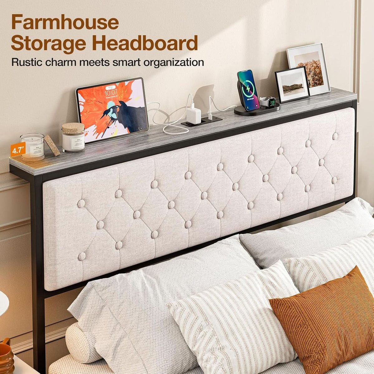 Queen Size Upholstered Headboard with Storage and Charging