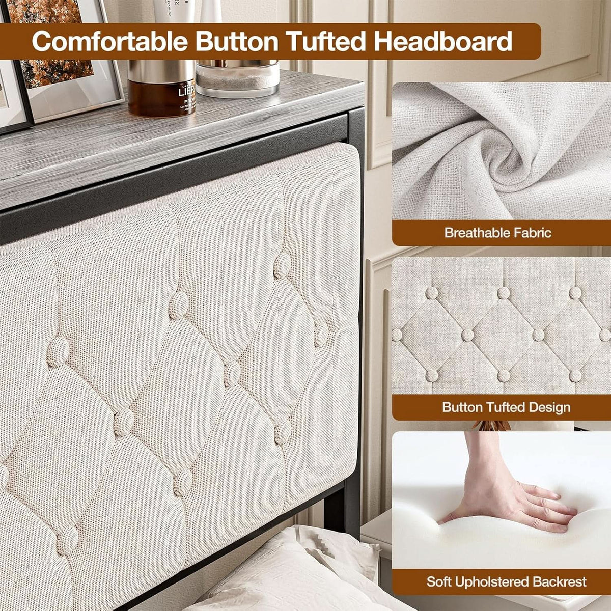 Queen Size Upholstered Headboard with Storage and Charging