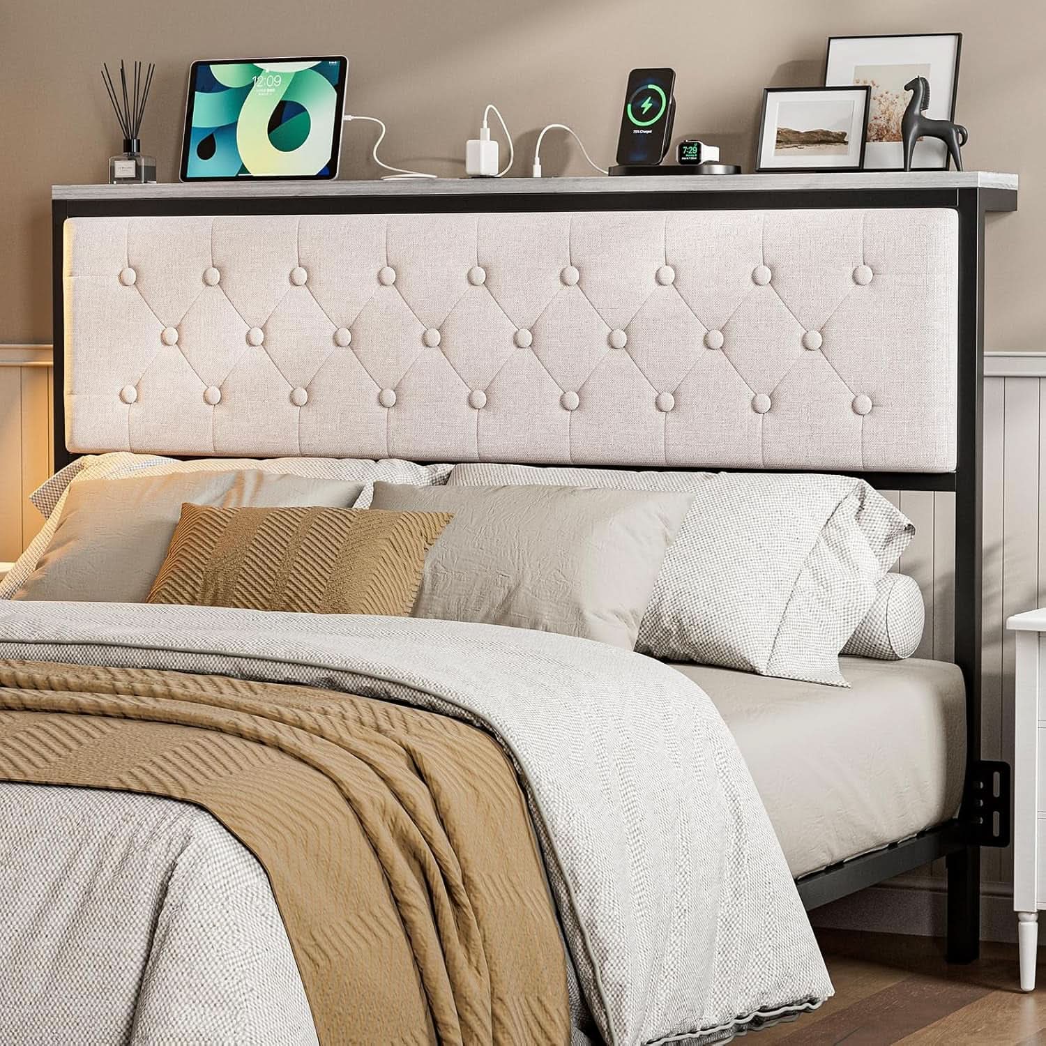 Queen Size Upholstered Headboard with Storage and Charging