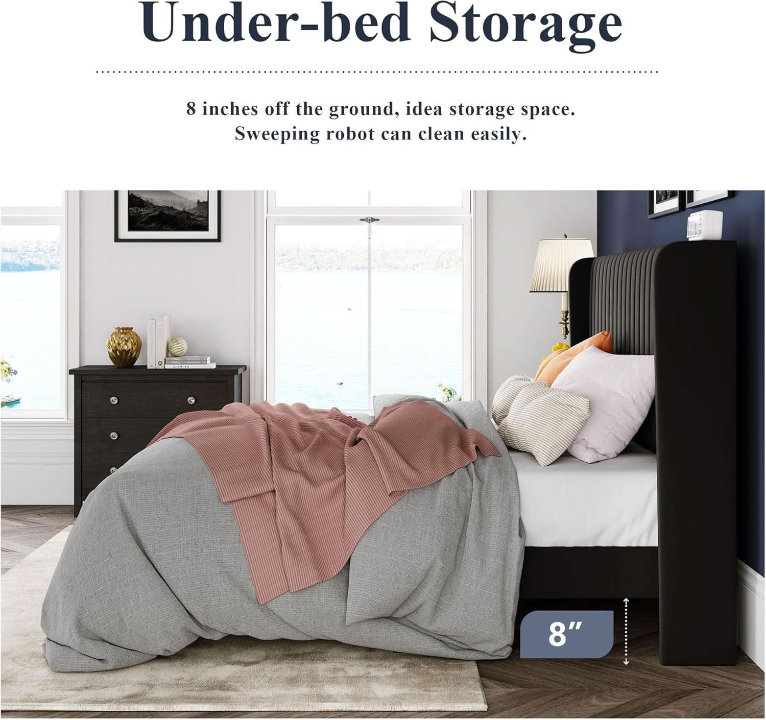 Queen Size Velvet Bed Frame With Wingback Headboard Storage