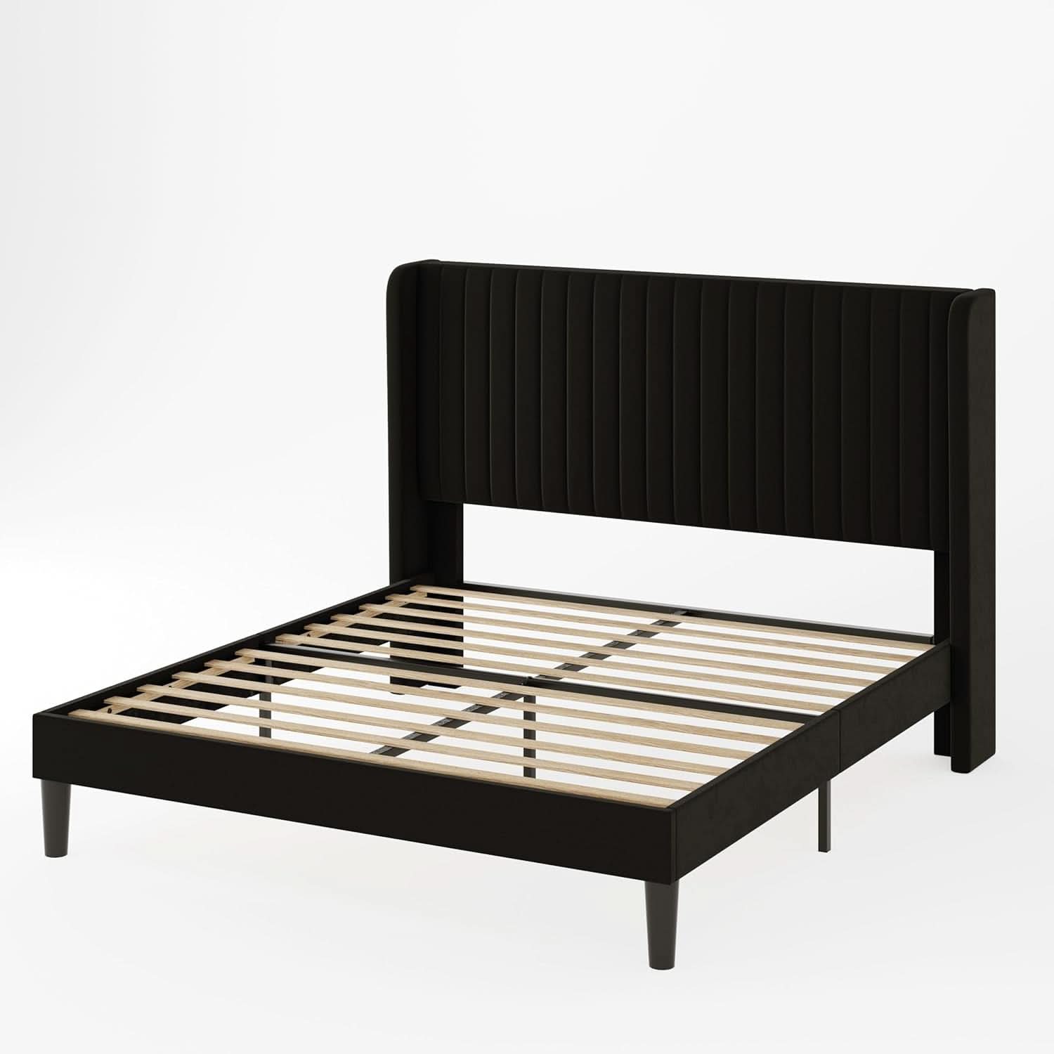 Queen Size Velvet Bed Frame With Wingback Headboard Storage