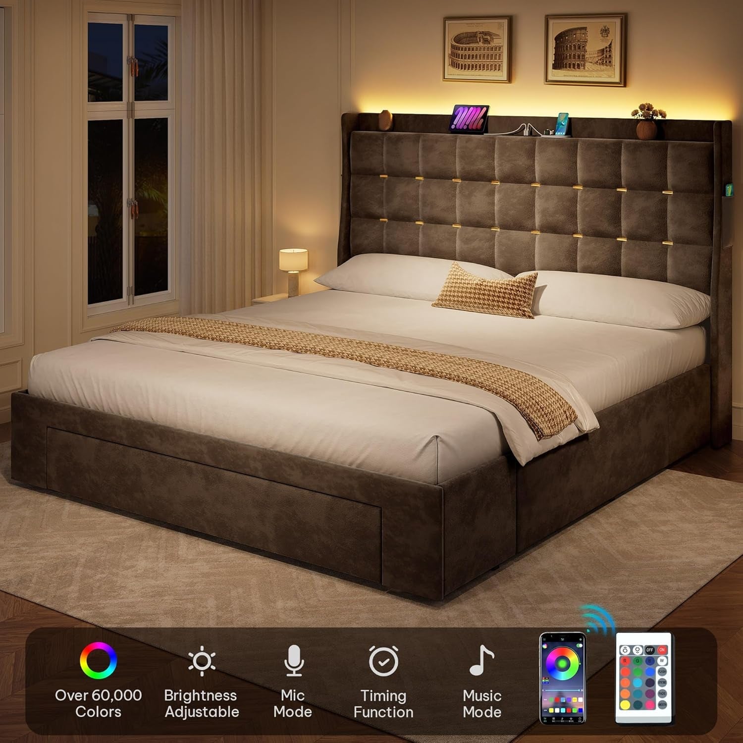 Queen Size Velvet Upholstered Bed Frame With Storage