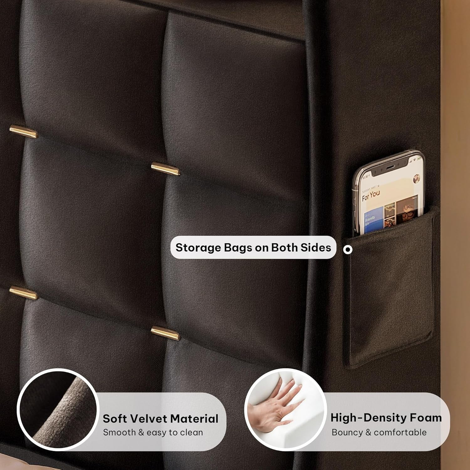 Queen Size Velvet Upholstered Bed Frame With Storage