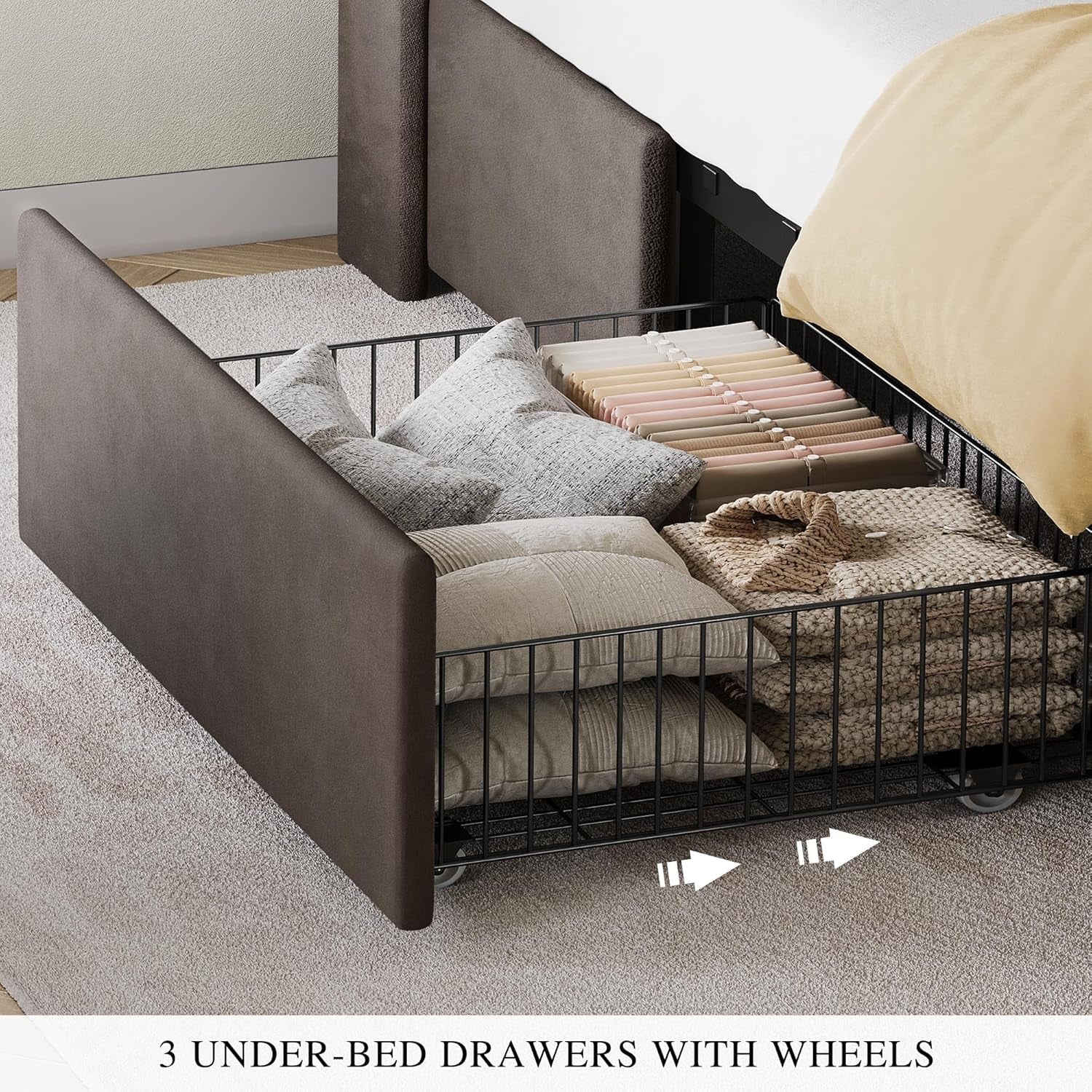 Queen Size Velvet Upholstered Bed Frame With Storage