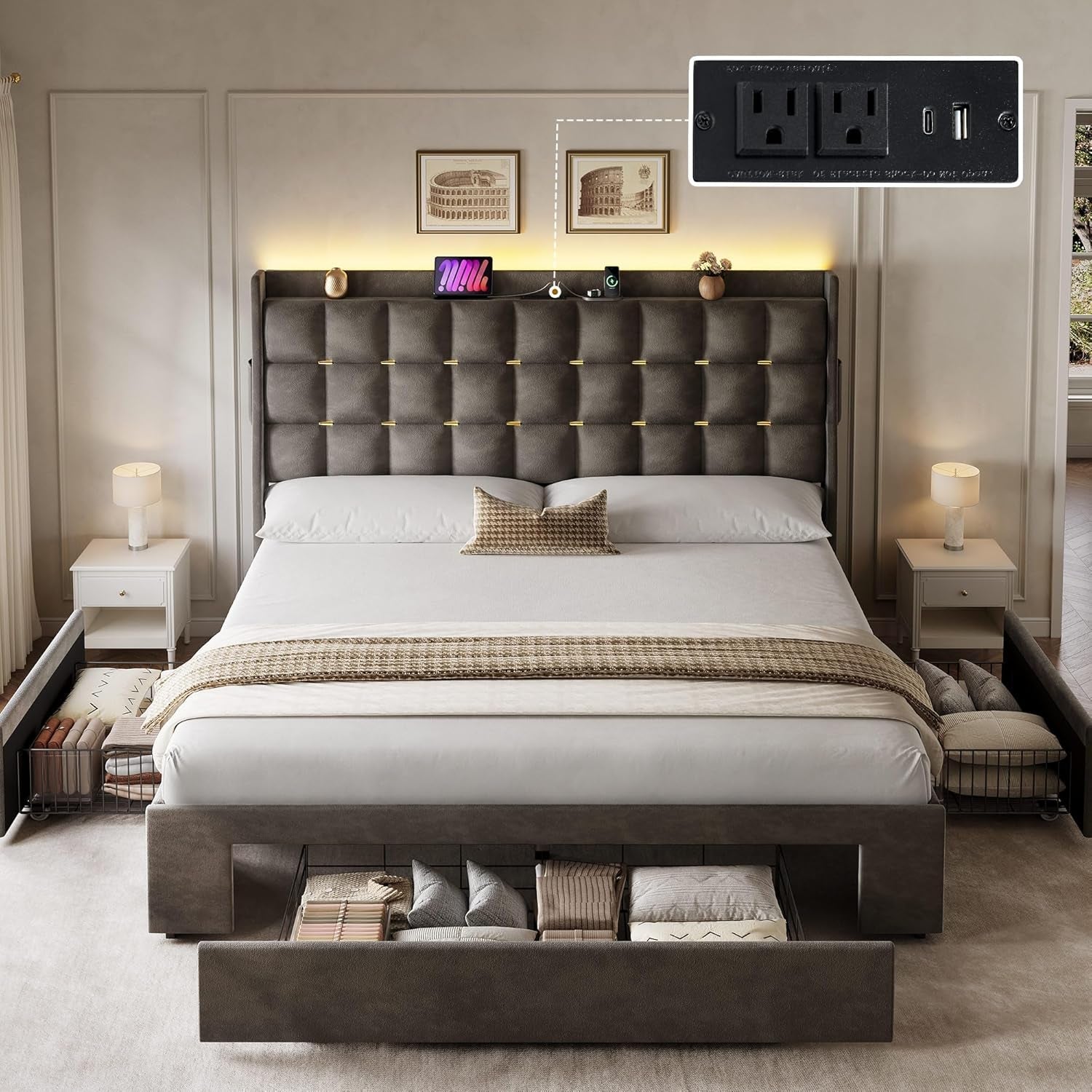 Queen Size Velvet Upholstered Bed Frame With Storage