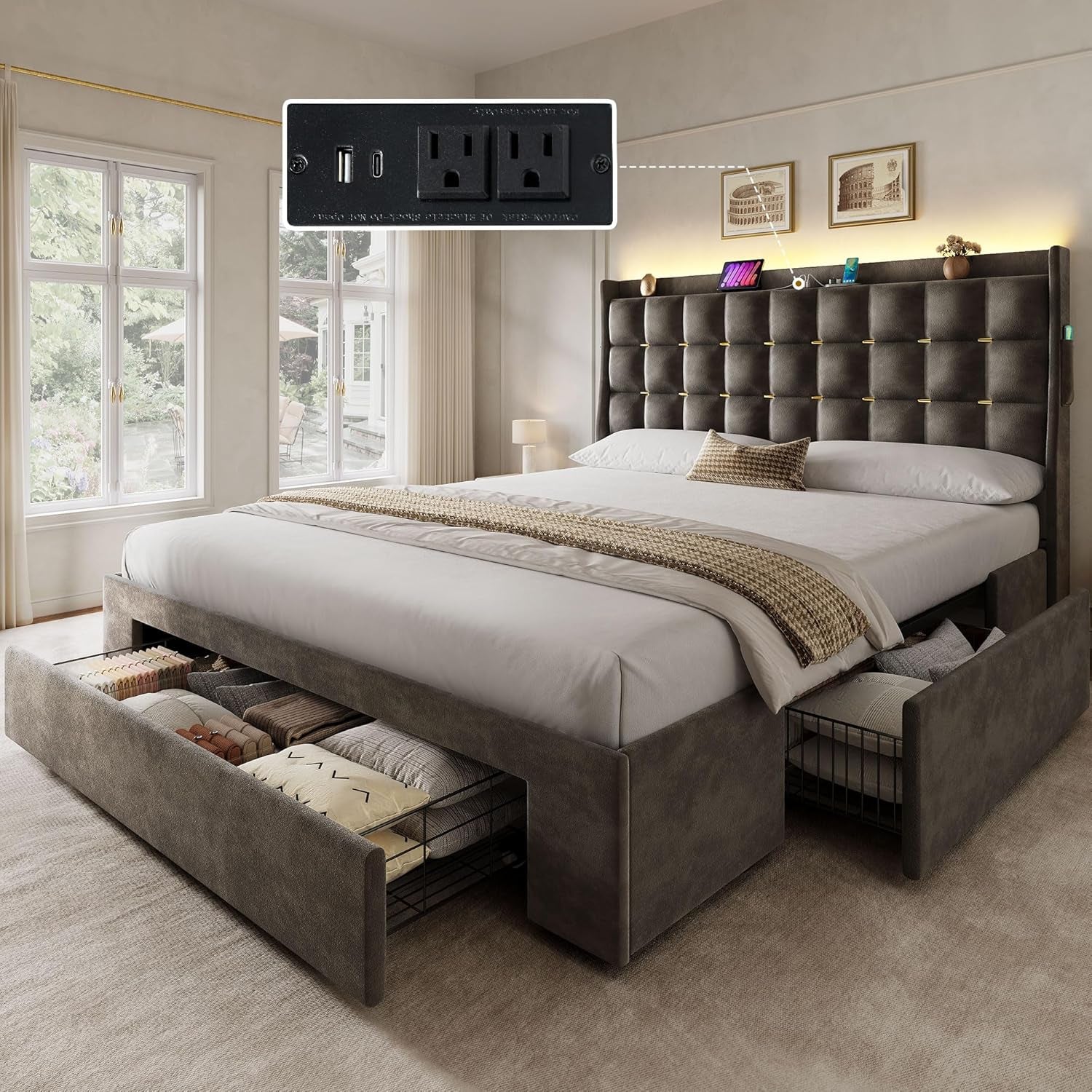 Queen Size Velvet Upholstered Bed Frame With Storage