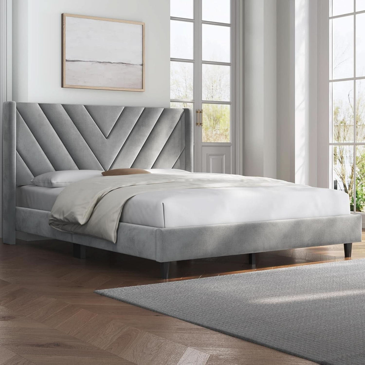 Queen Upholstered Bed Frame With Winged Tufted Headboard Light Gray
