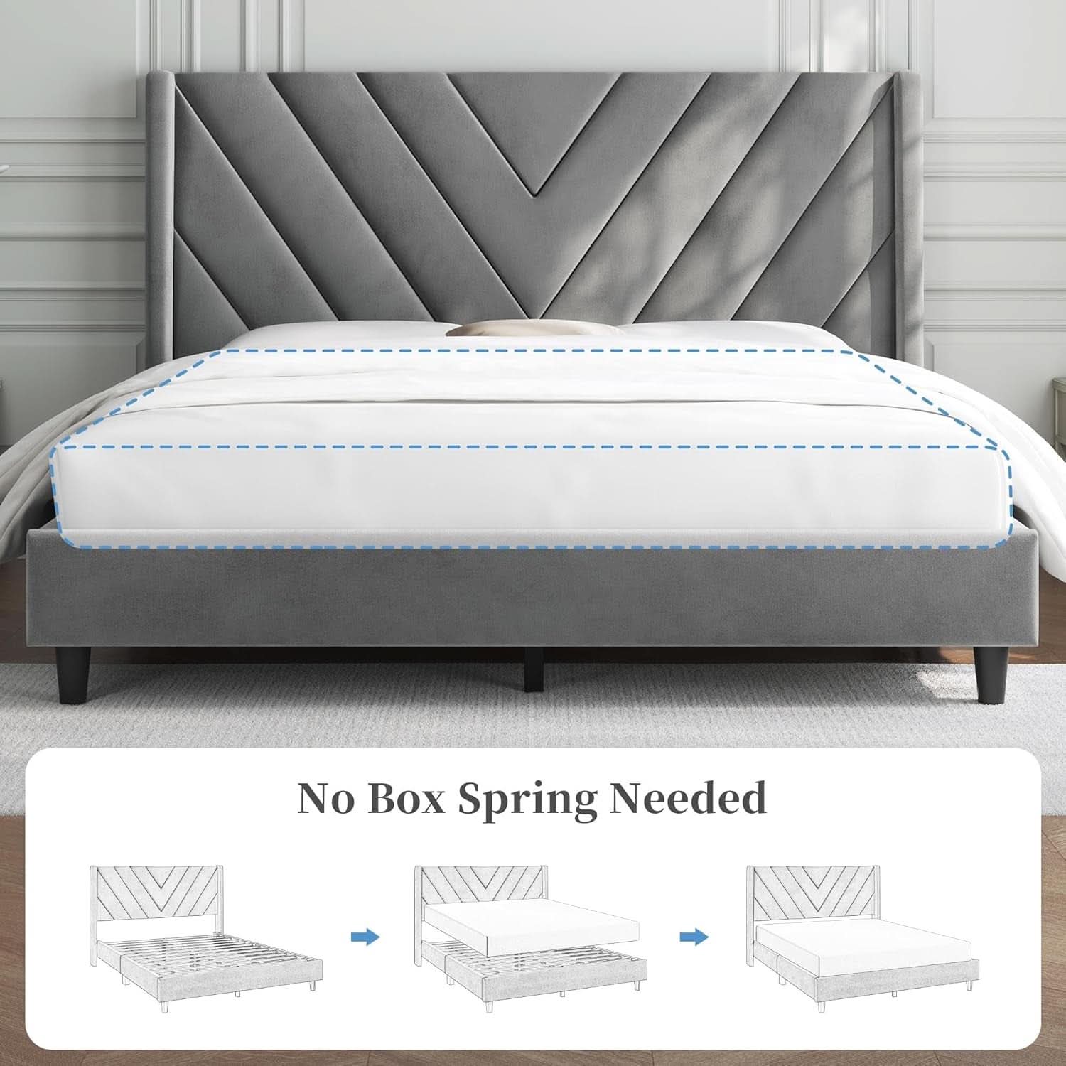 Queen Upholstered Bed Frame With Winged Tufted Headboard Light Gray