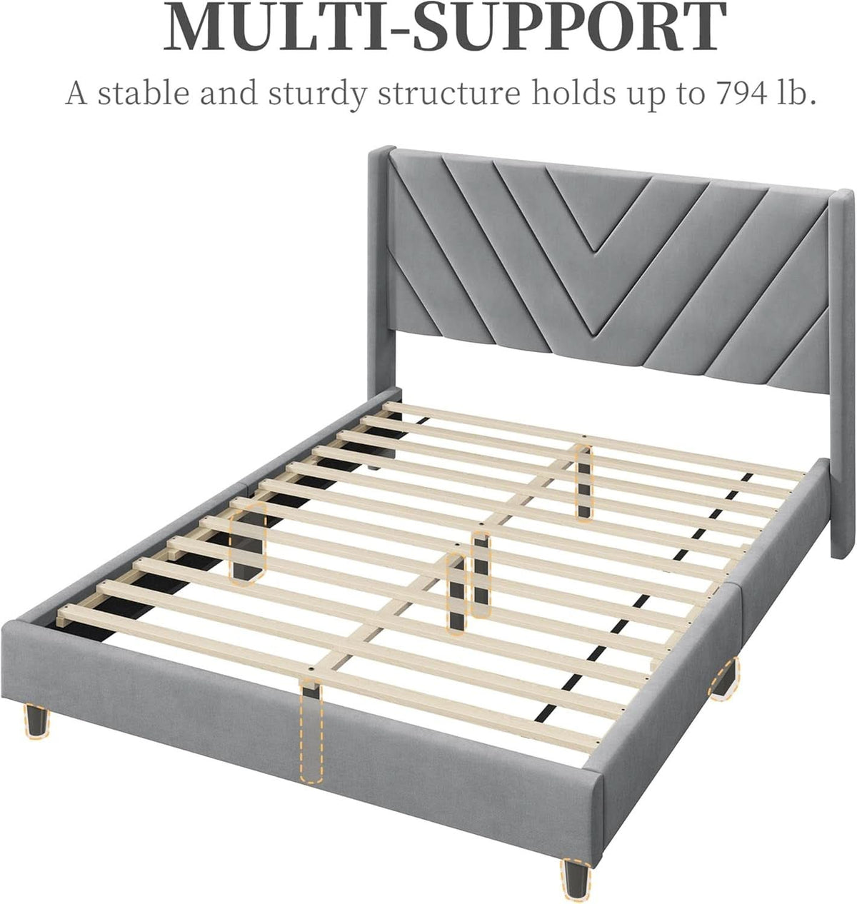Queen Upholstered Bed Frame With Winged Tufted Headboard Light Gray
