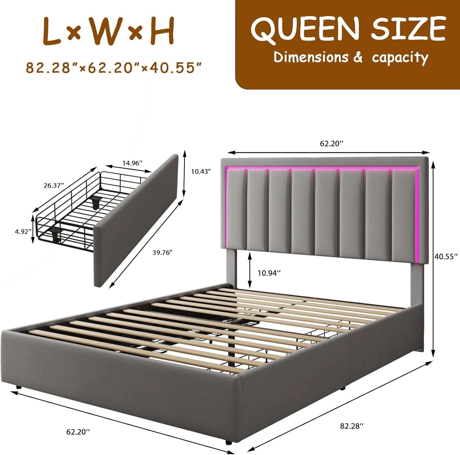 Queen Upholstered Platform Bed Frame With USB Charging