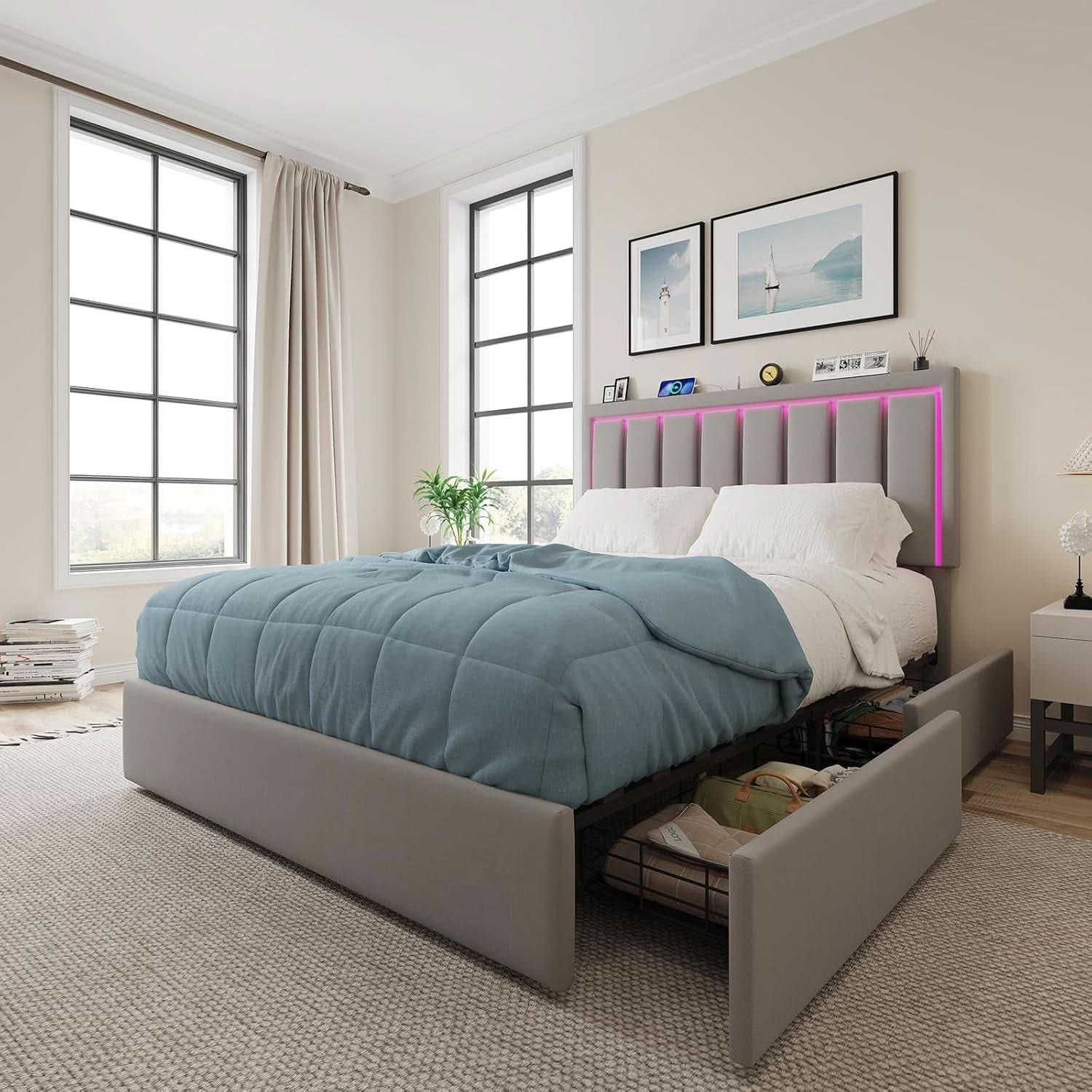 Queen Upholstered Platform Bed Frame With USB Charging