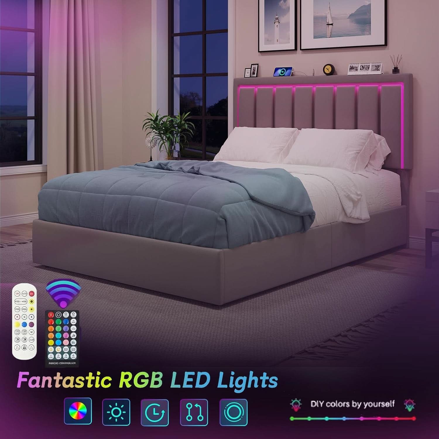 Queen Upholstered Platform Bed Frame With USB Charging