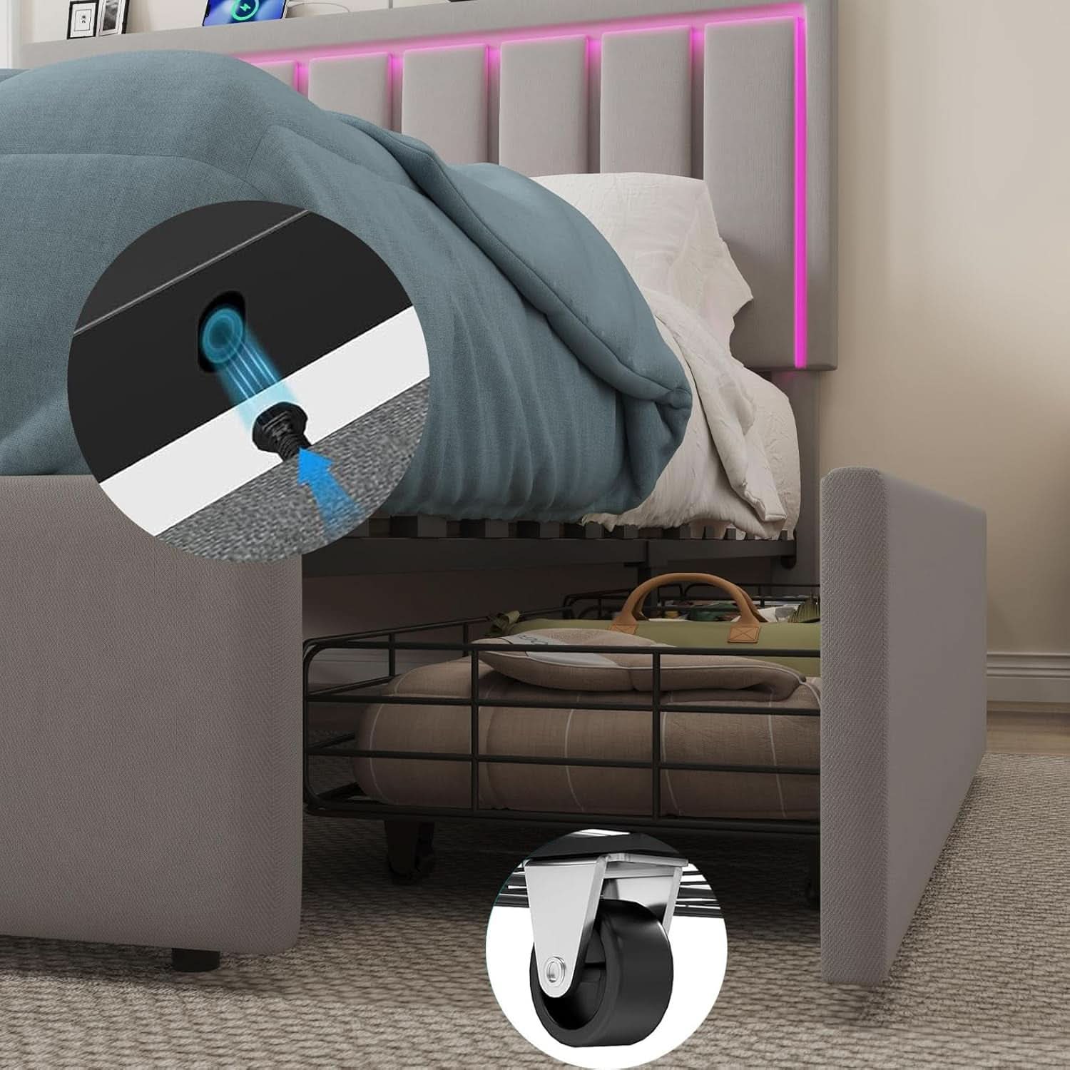 Queen Upholstered Platform Bed Frame With USB Charging