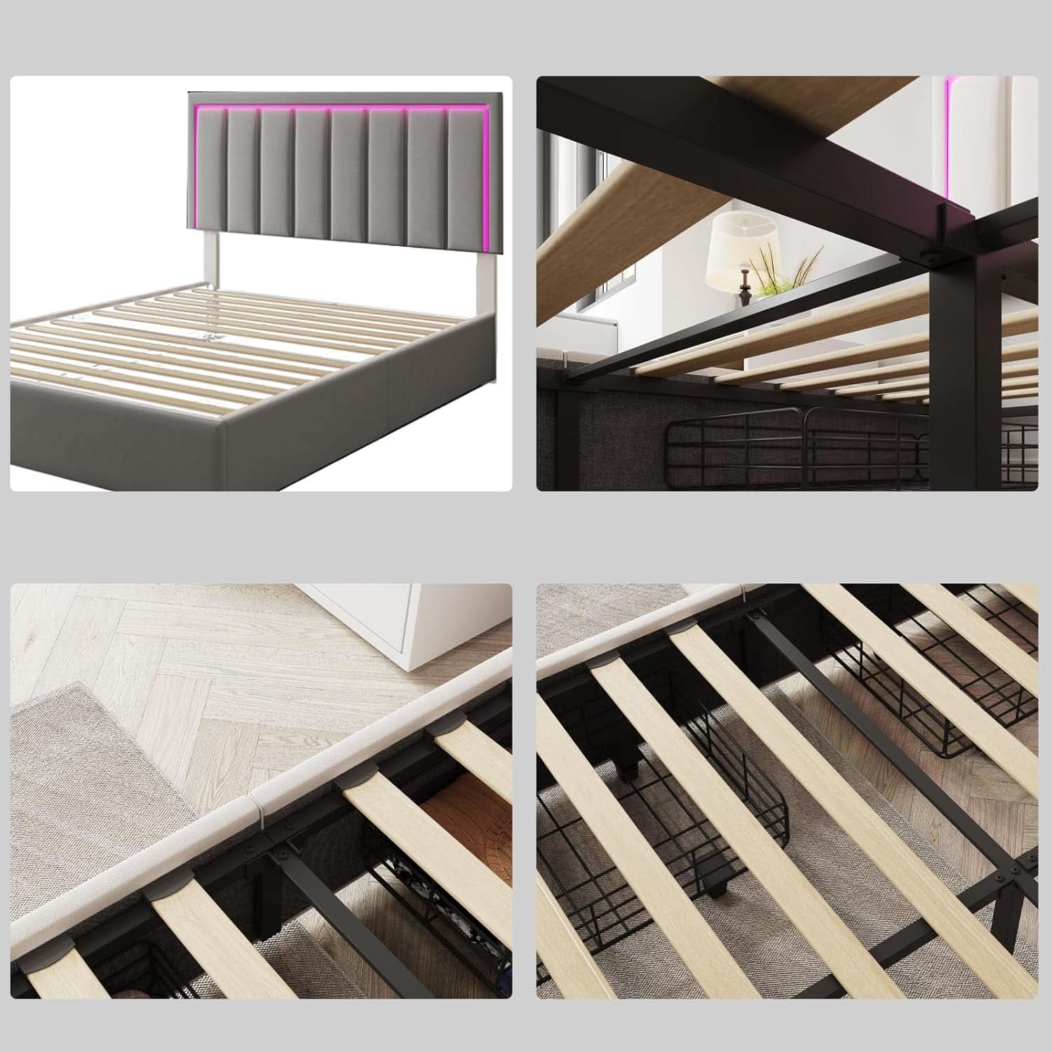 Queen Upholstered Platform Bed Frame With USB Charging