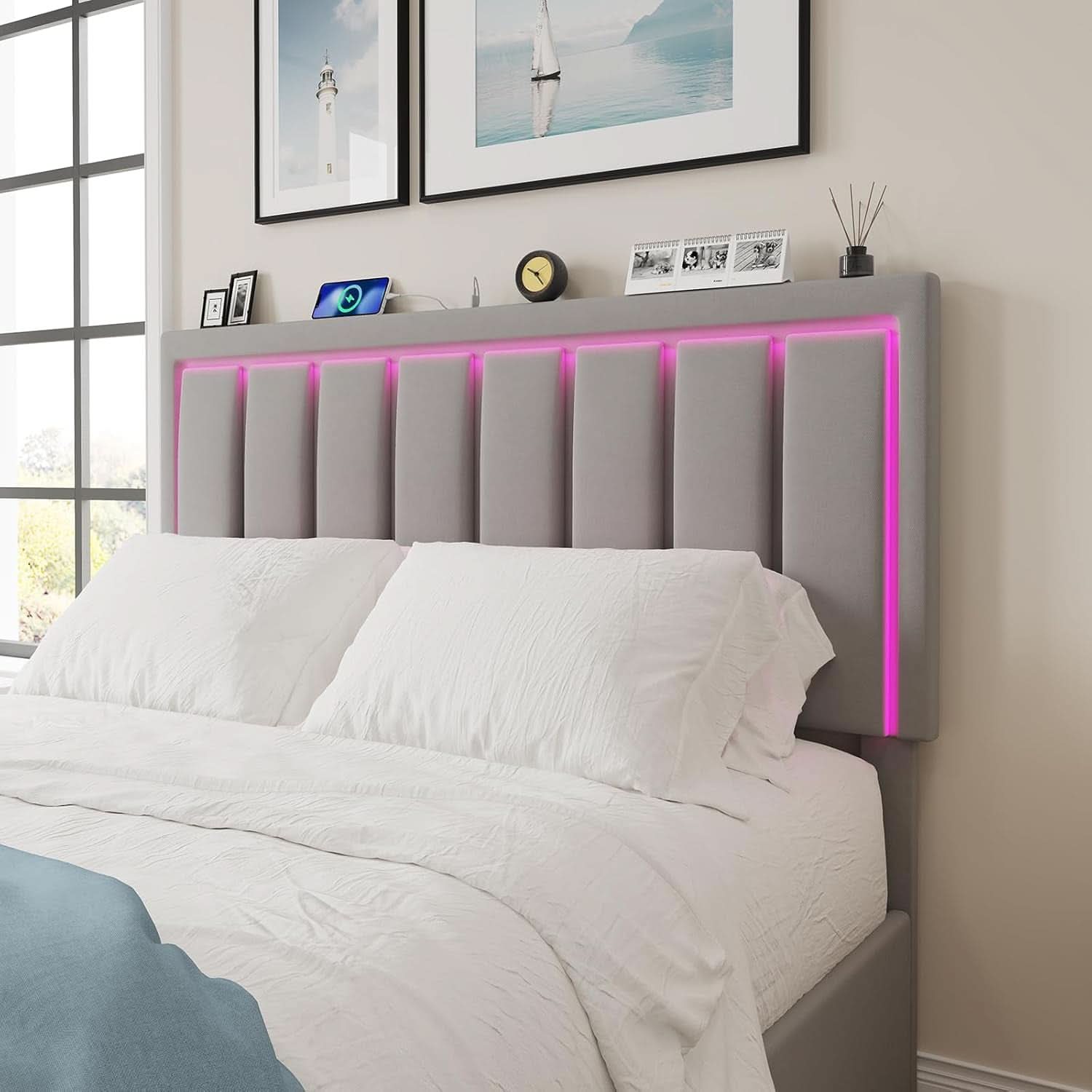 Queen Upholstered Platform Bed Frame With USB Charging