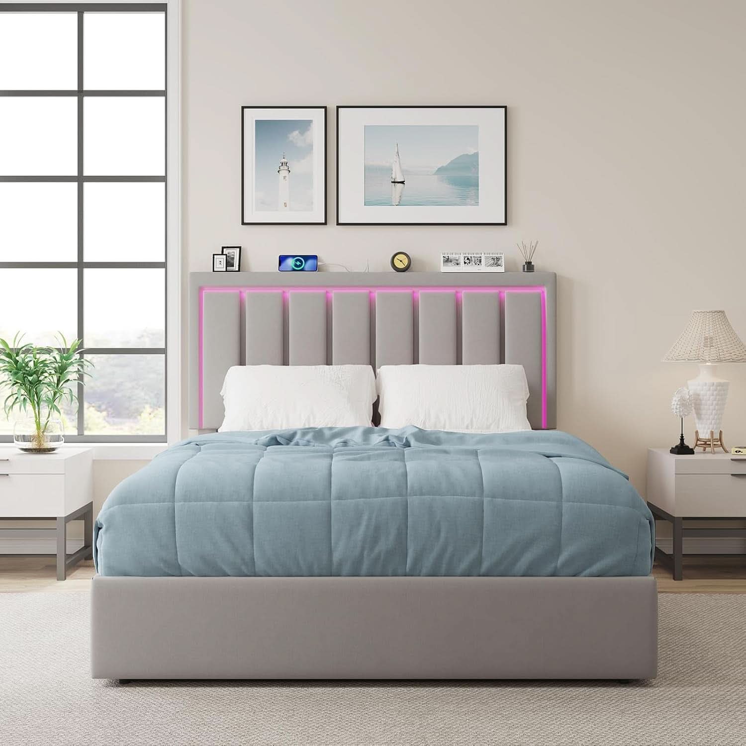 Queen Upholstered Platform Bed Frame With USB Charging