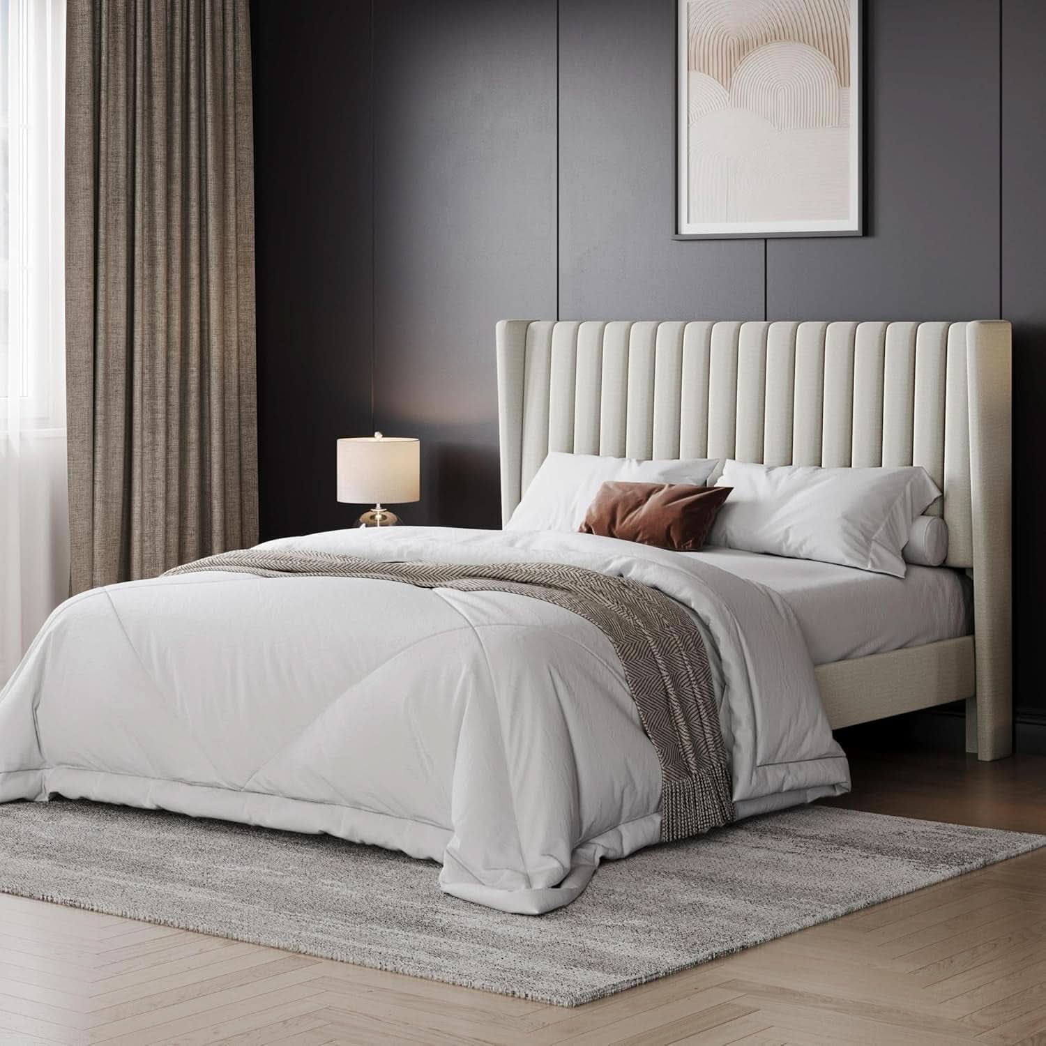 Queen Upholstered Platform Bed With Beige Headboard