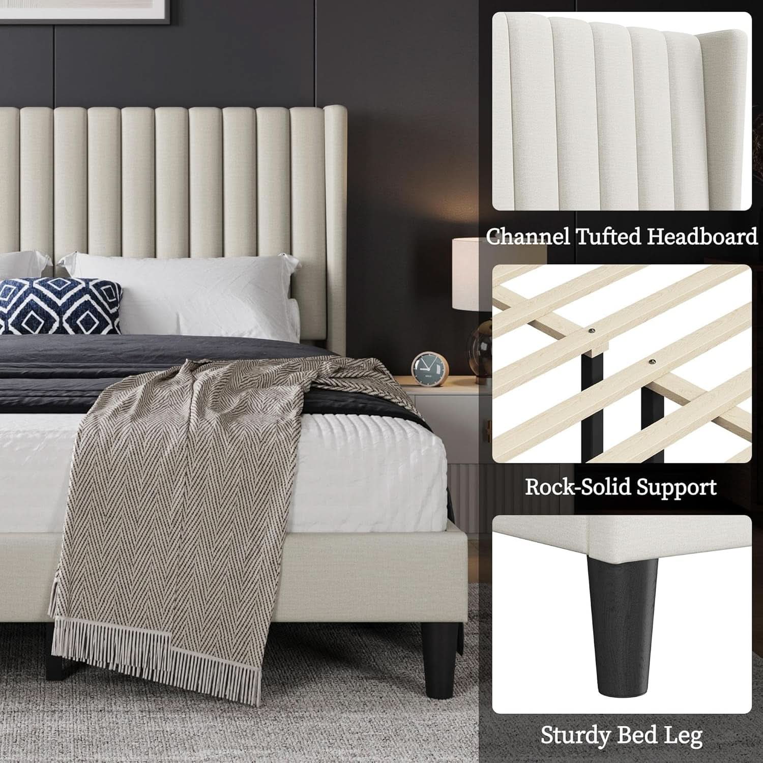 Queen Upholstered Platform Bed With Beige Headboard