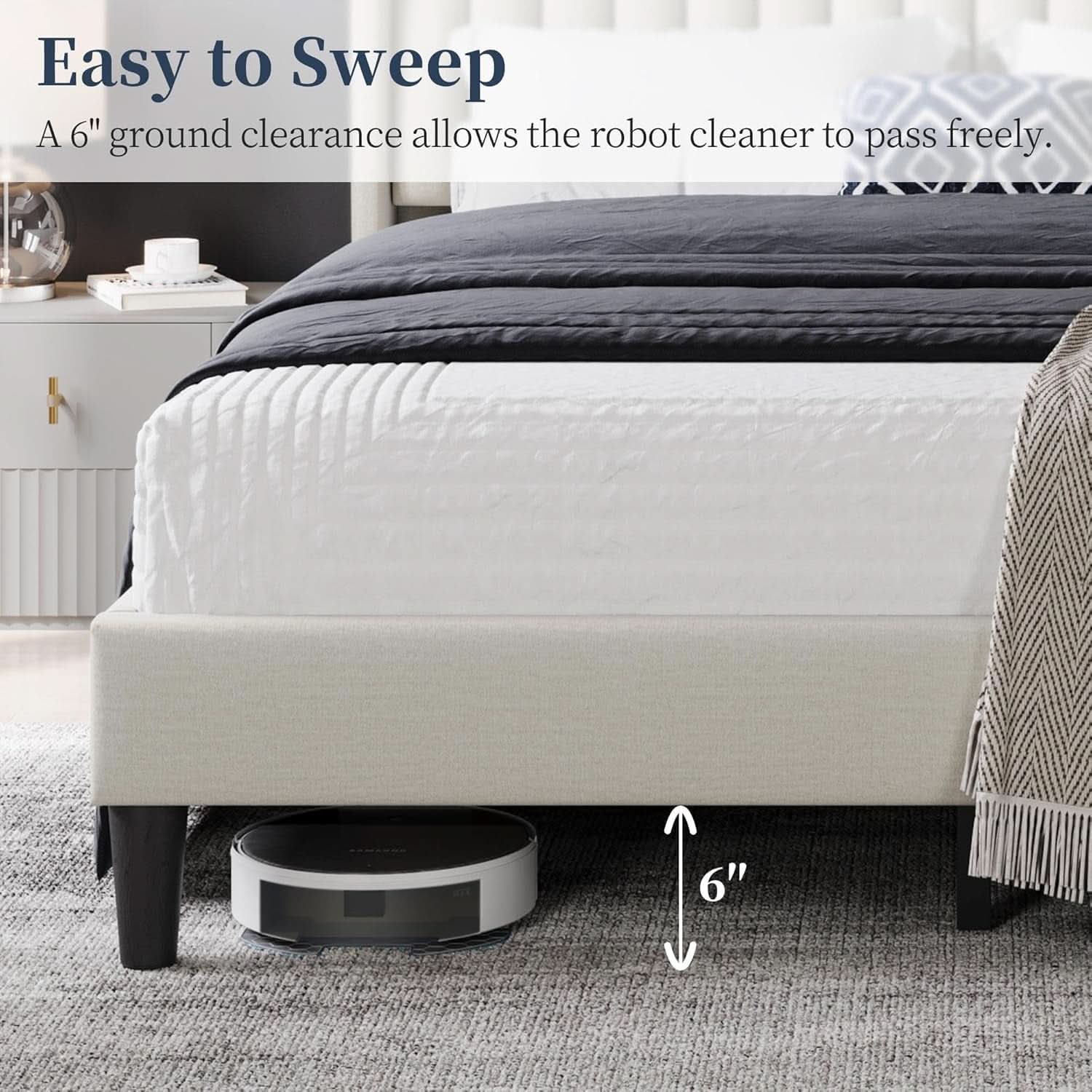 Queen Upholstered Platform Bed With Beige Headboard