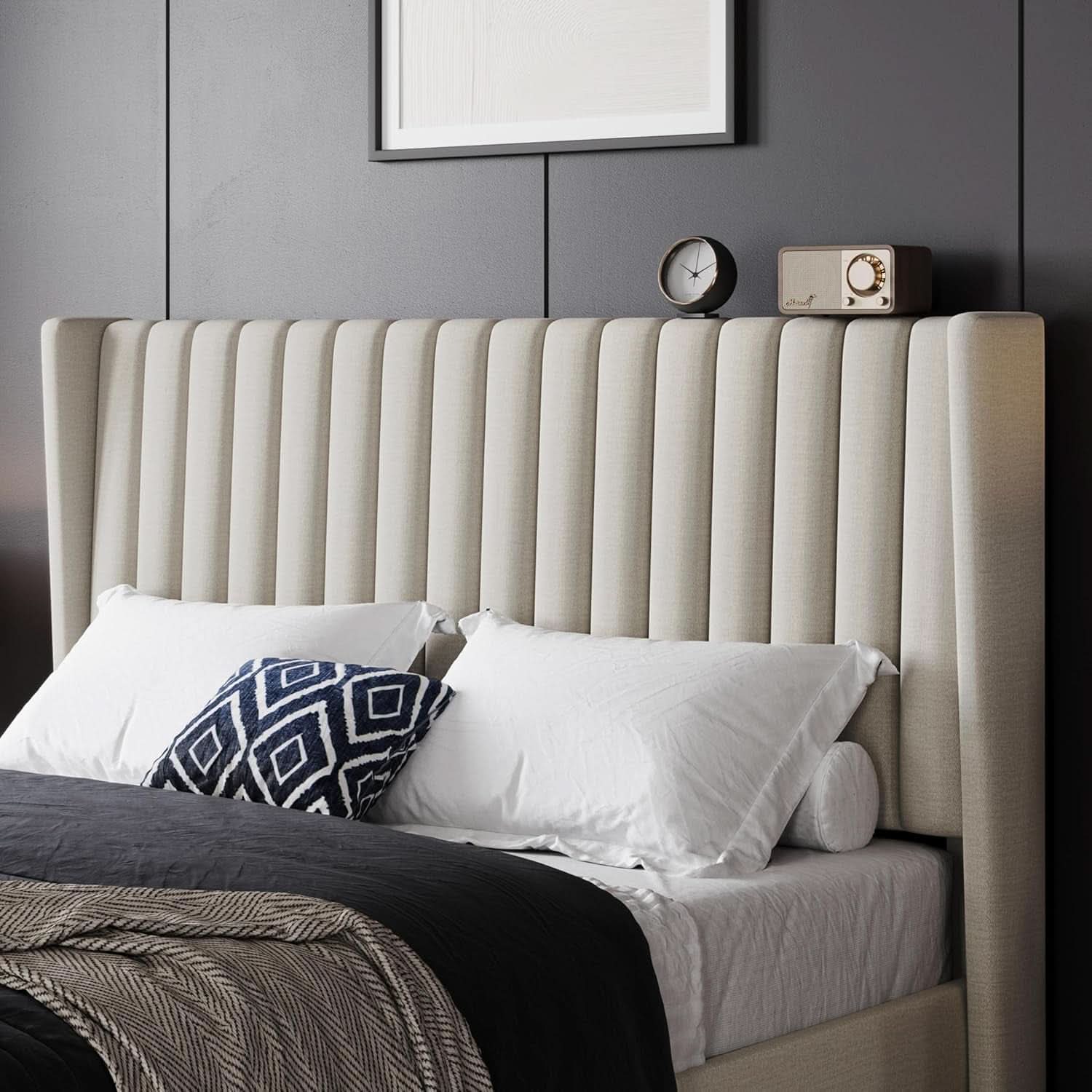 Queen Upholstered Platform Bed With Beige Headboard