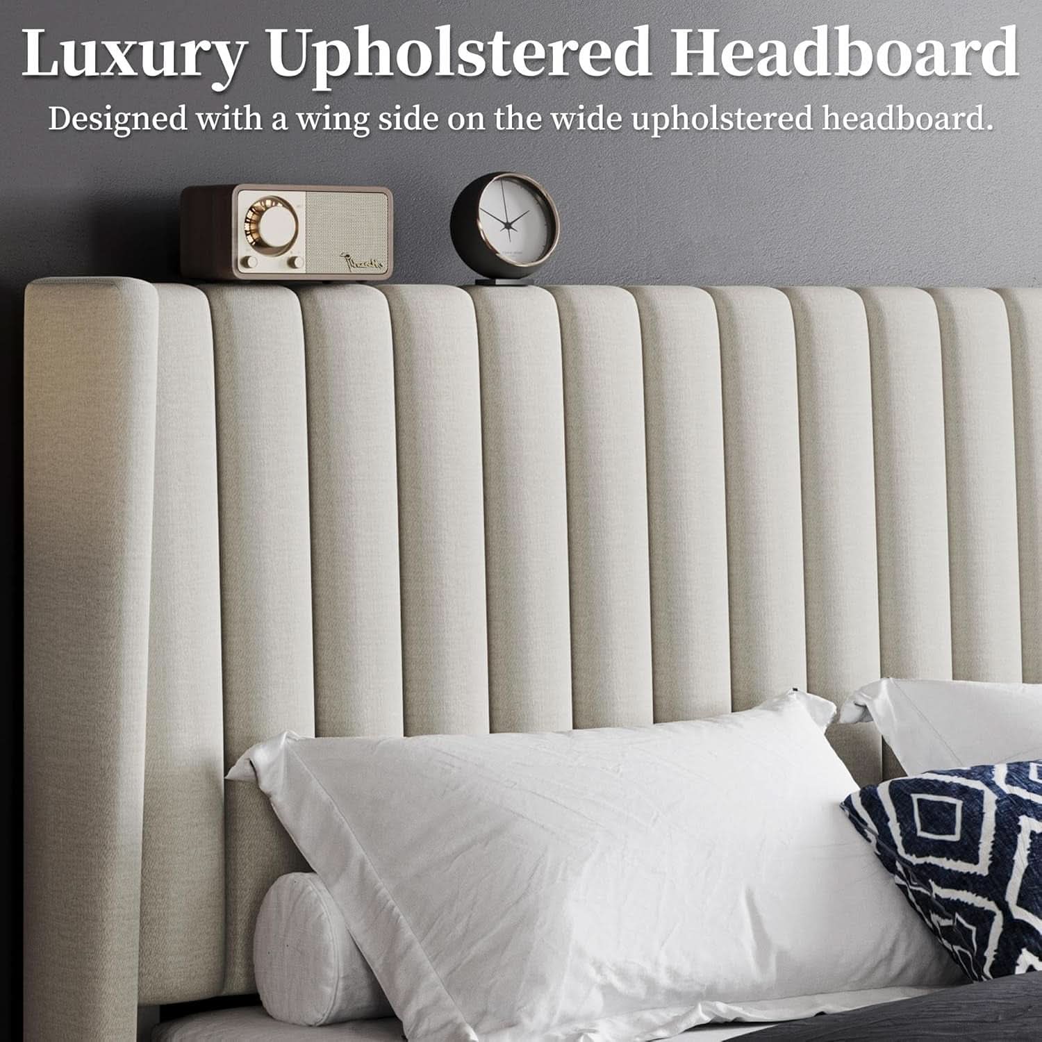 Queen Upholstered Platform Bed With Beige Headboard