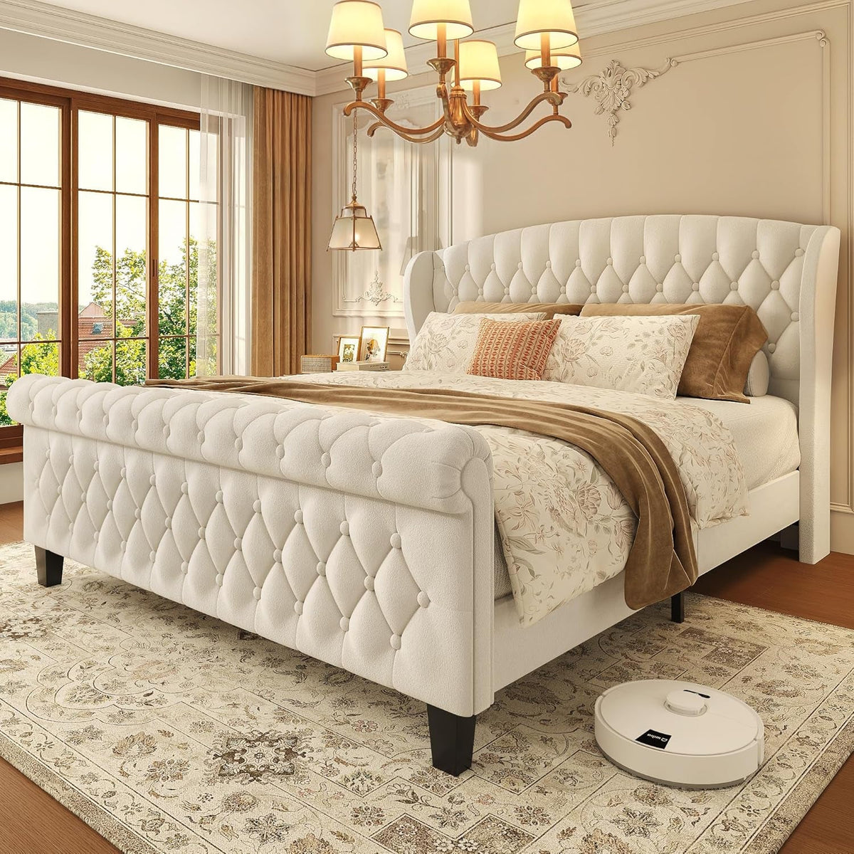 Queen Velvet Sleigh Bed With Wingback Headboard White