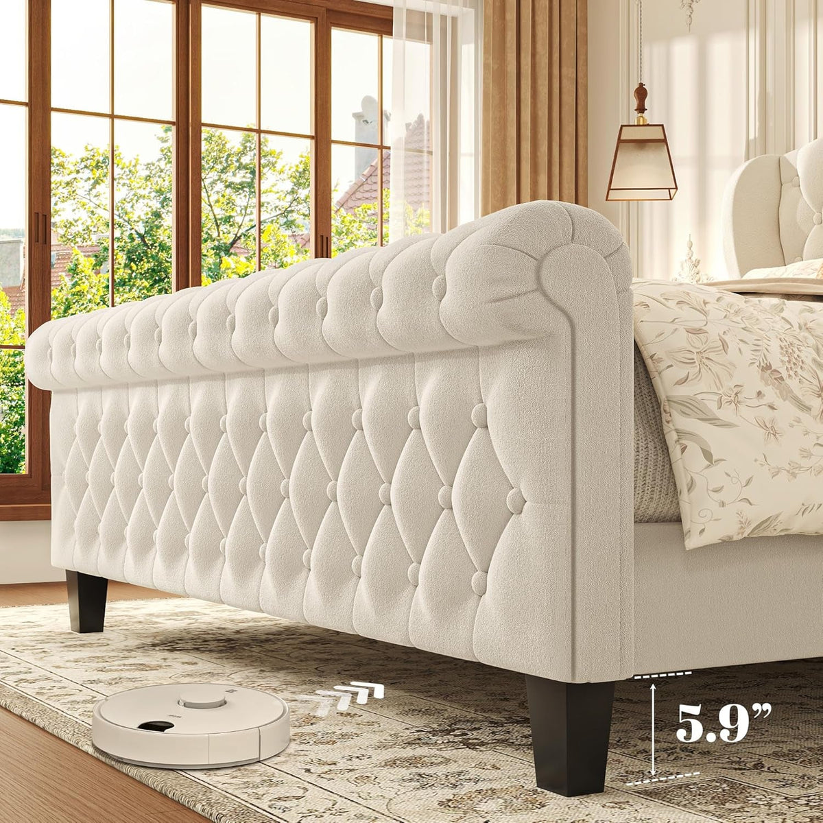 Queen Velvet Sleigh Bed With Wingback Headboard White
