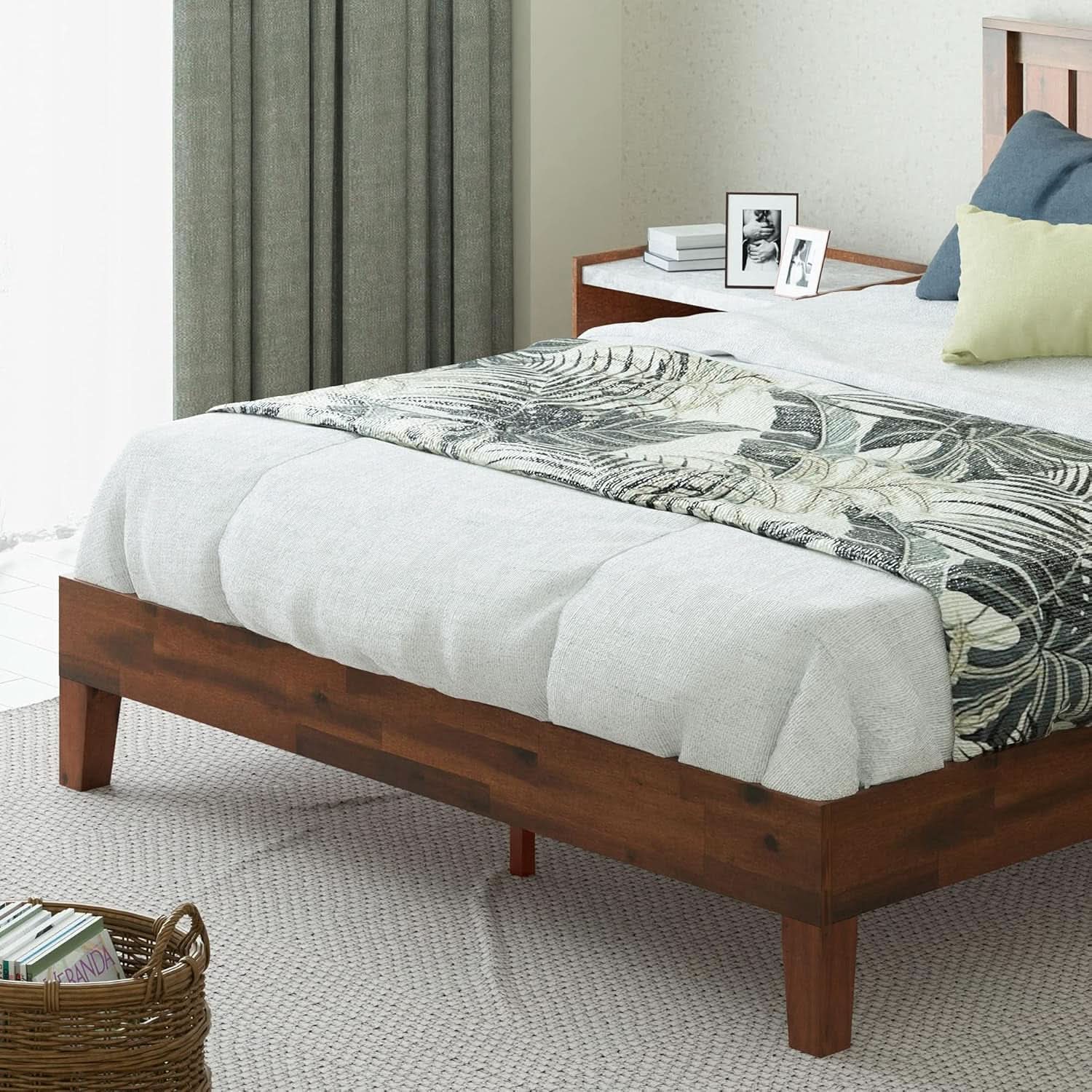 Queen Wood Platform Bed Frame With Headboard And Slats