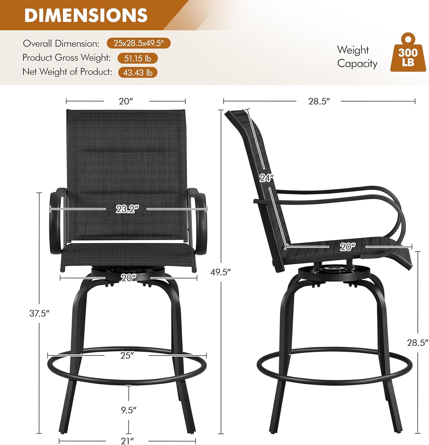 Quick-Drying Outdoor Bar Stools with High Back Support