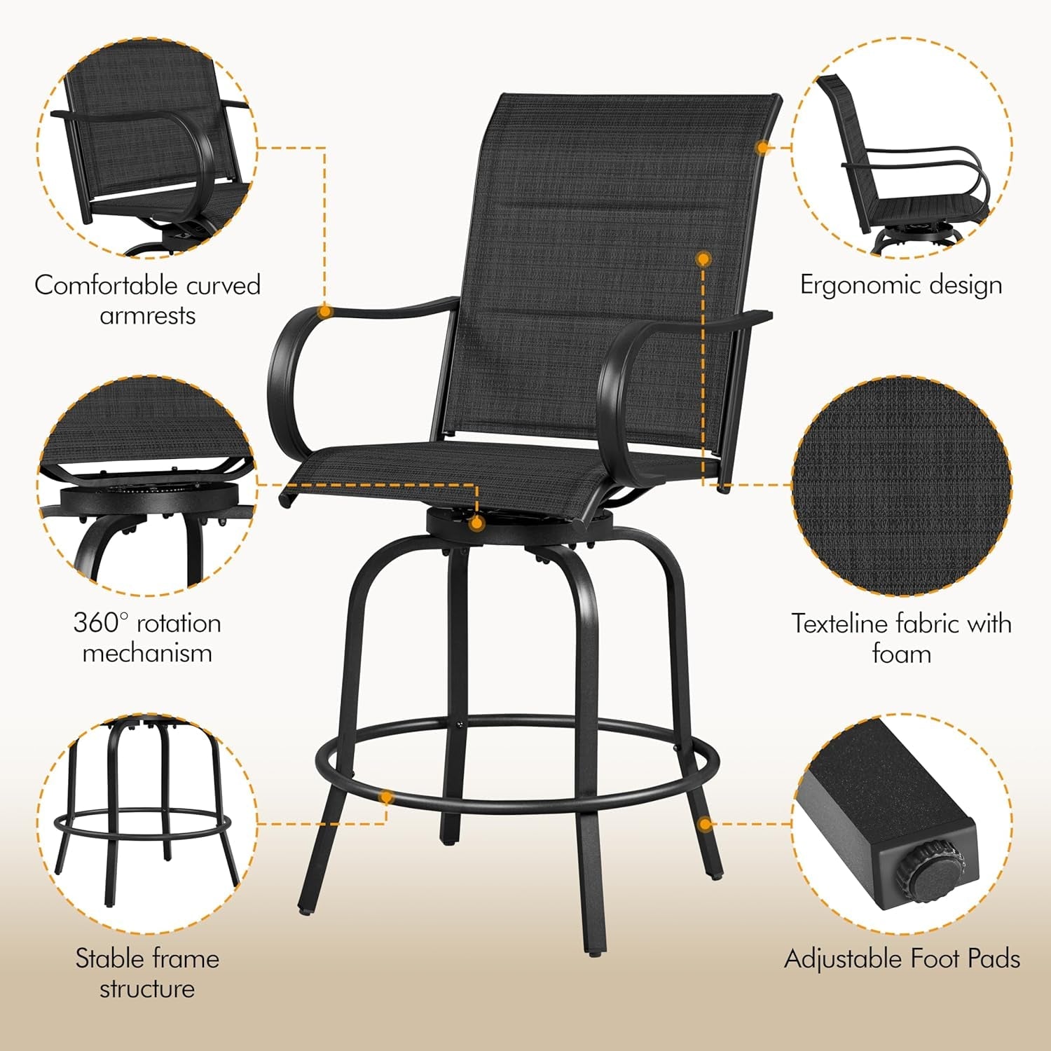 Quick-Drying Outdoor Bar Stools with High Back Support