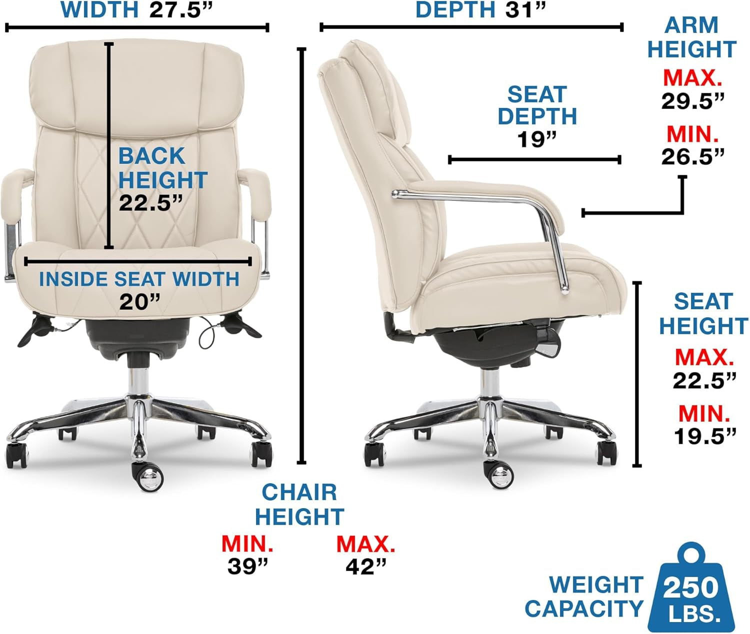 Quilted Leather Executive Chair Ivory White Lumbar Support