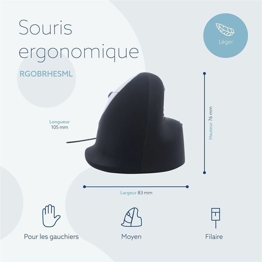 R-Go HE Break ergonomic mouse, vertical mouse with break software, prevents RSI, medium(hand length 165-185mm), left handed, wired, black RGOBRHESML
