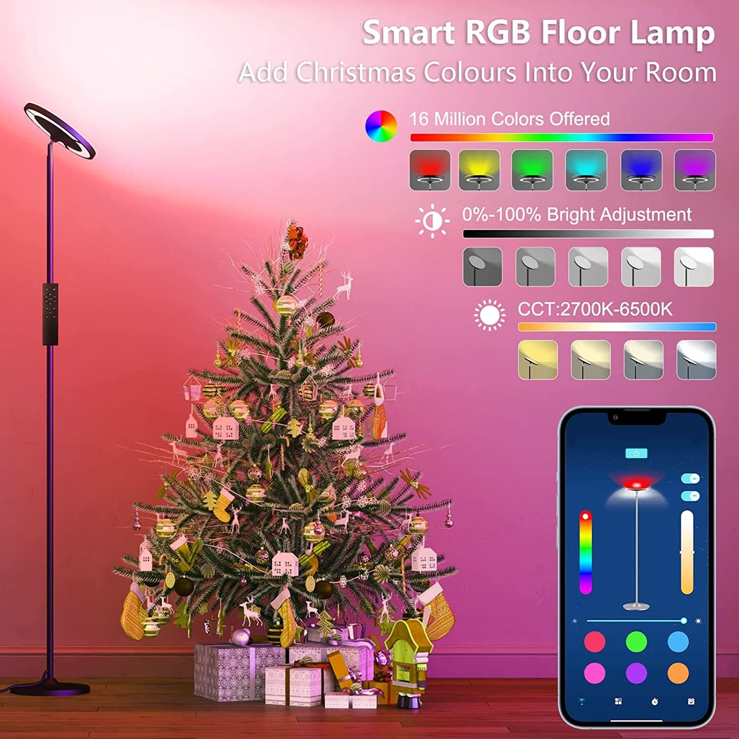 RGB LED Floor Lamp With Remote Dual Side Lighting 2600 Lumens