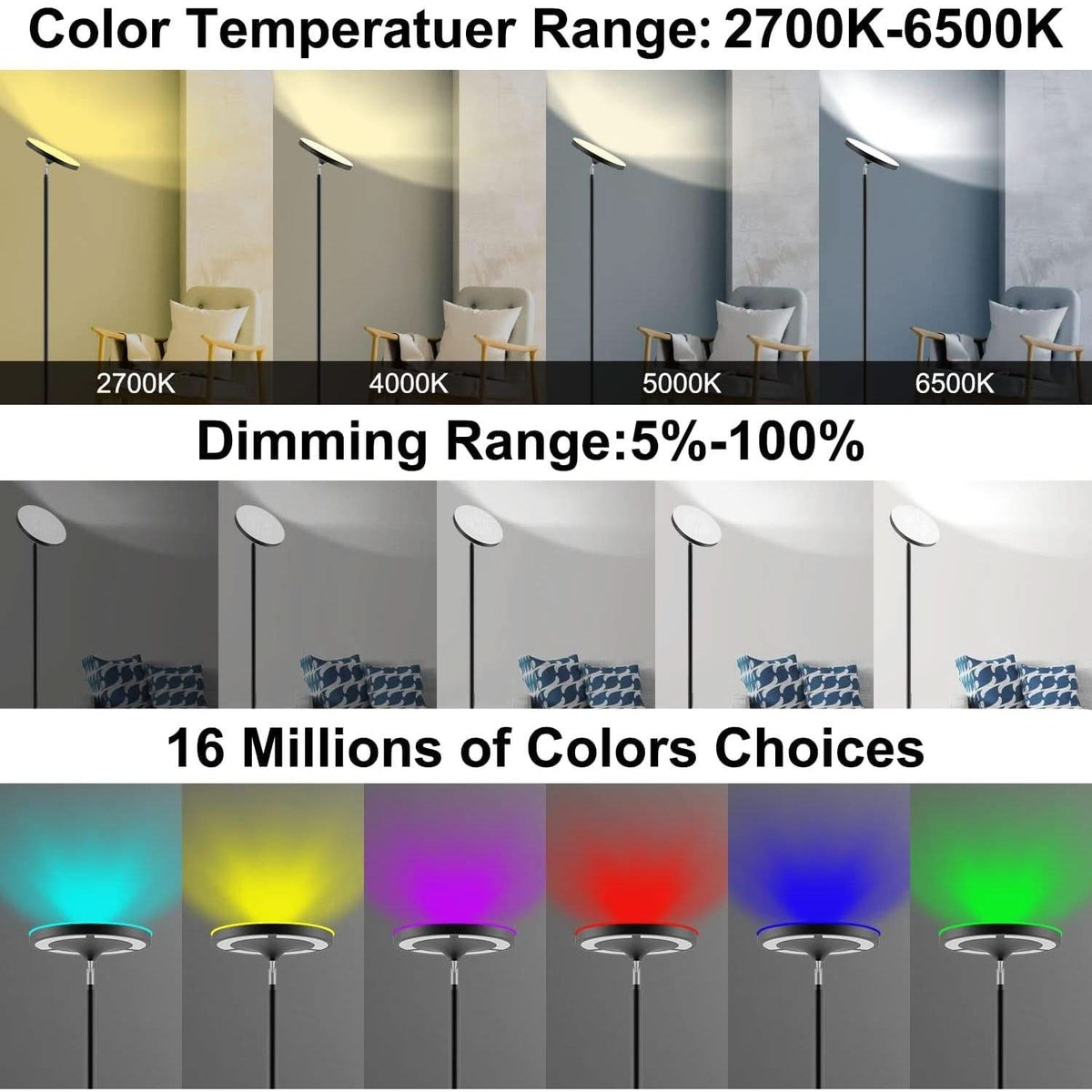 RGB LED Floor Lamp With Remote Dual Side Lighting 2600 Lumens